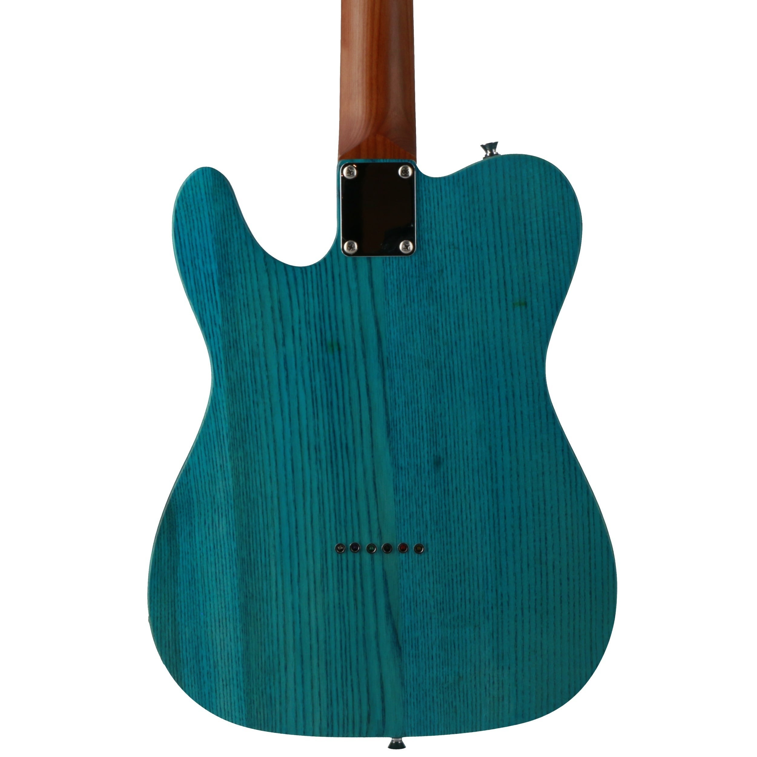 Achterkant van een teal elektrische gitaar met houtnerf en zilveren hardware.