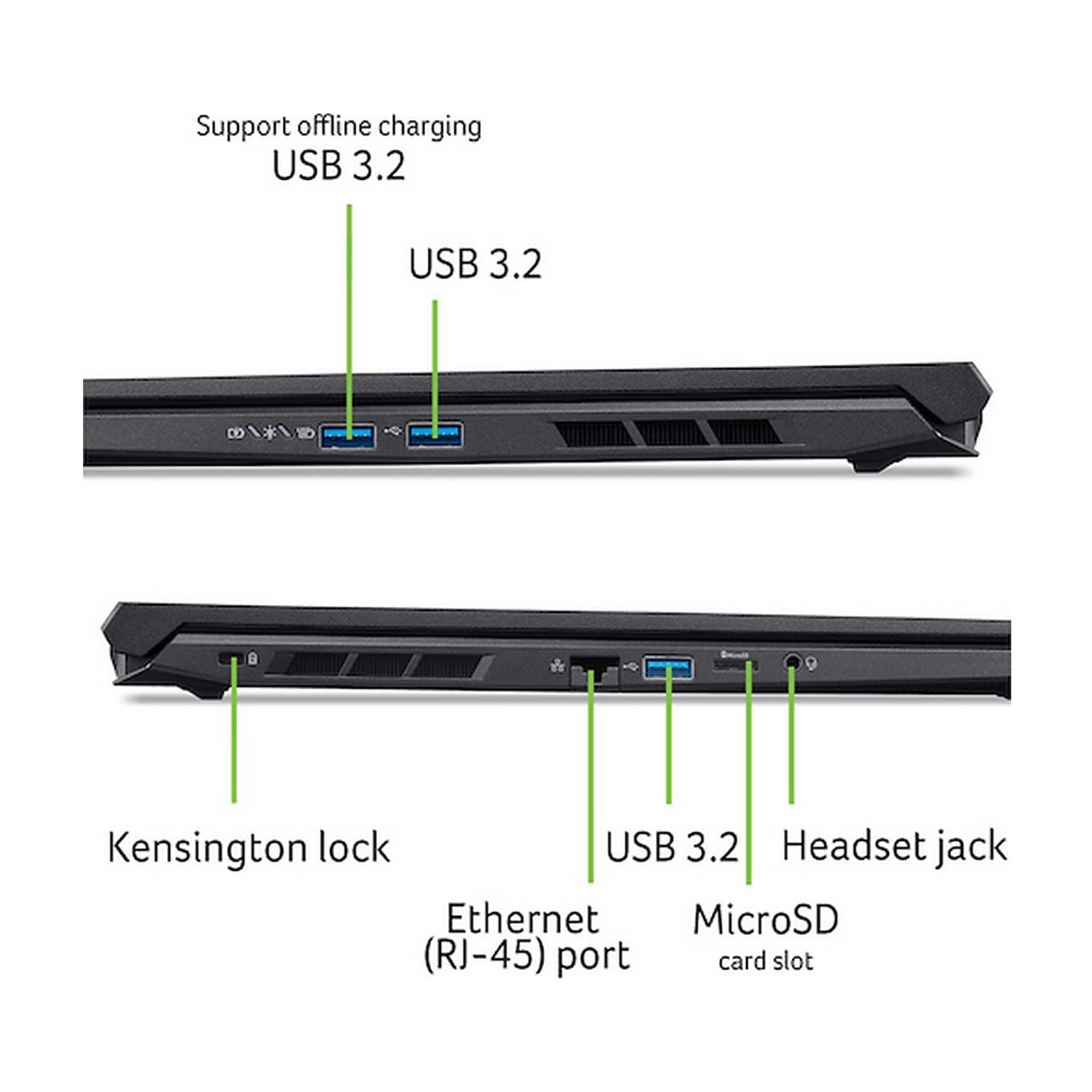Porte del laptop: USB 3.2, Ethernet, jack per cuffie.