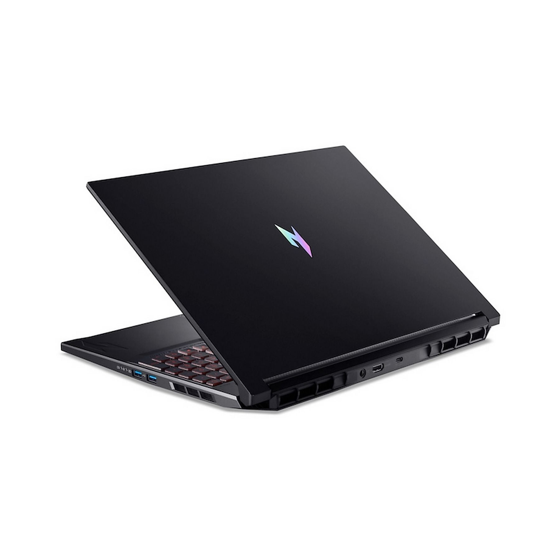 Laptop nero con logo luminoso sul coperchio e tastiera rossa, vista angolata.
