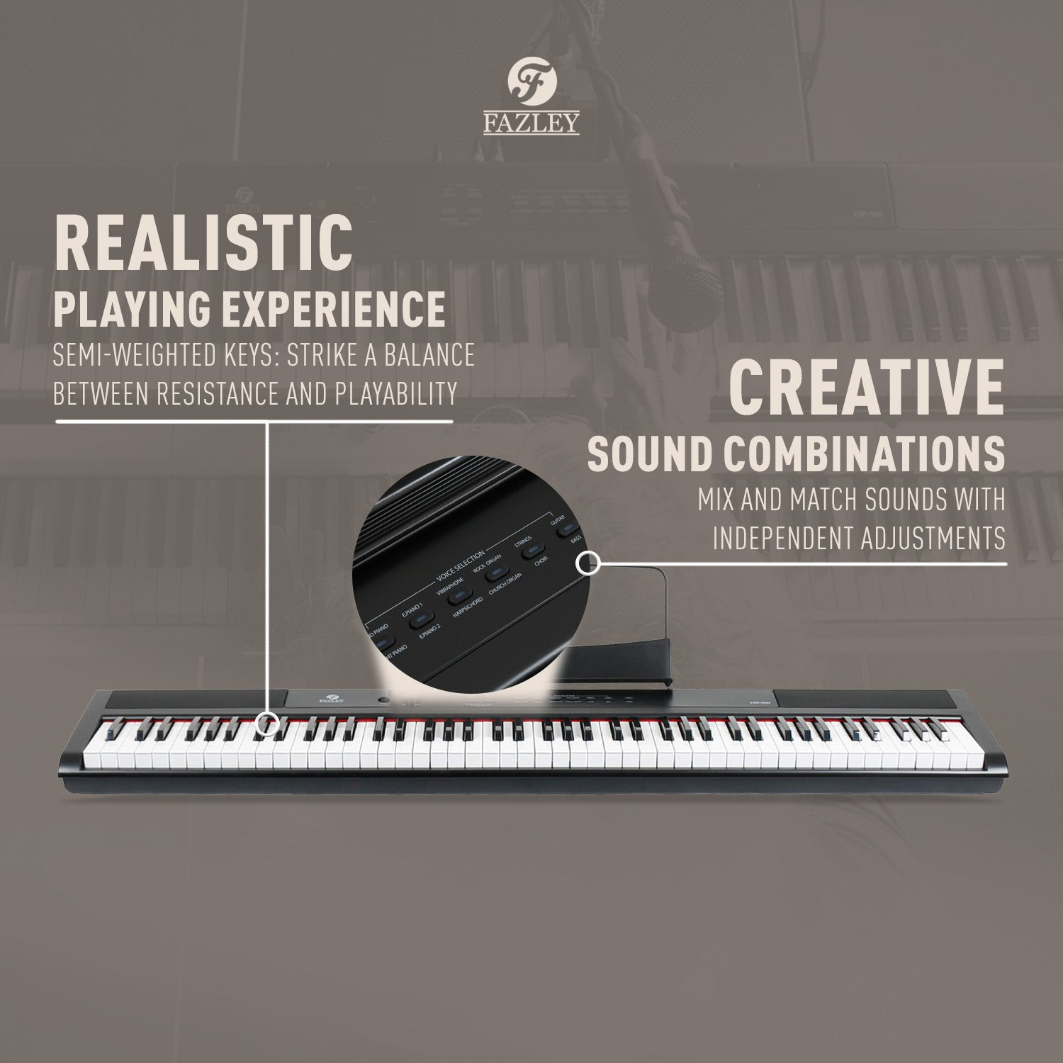 Een zwarte Fazley digitale piano met verlichte toetsen en detail van stemselectie.