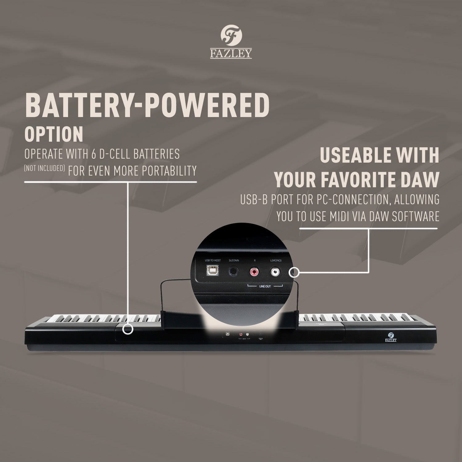 Een Fazley keyboard met USB-poort en batterijoptie.