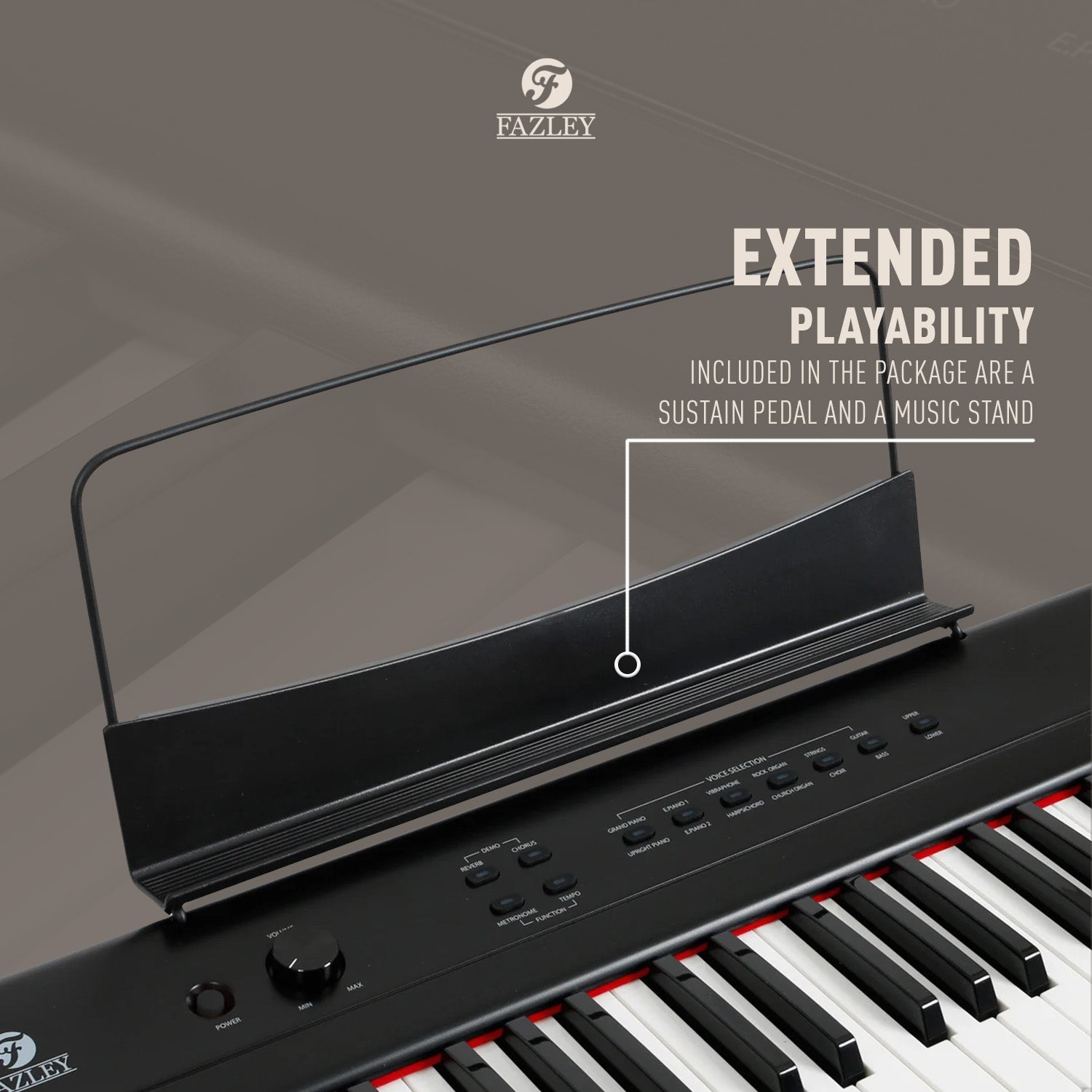 Digitale piano met lessenaar en toetsen. Logo linksboven.