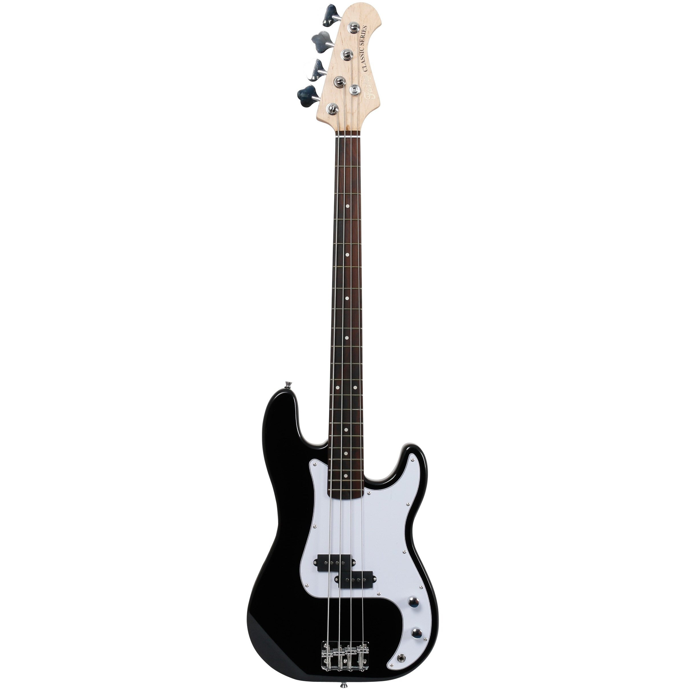 Een zwarte elektrische basgitaar met een wit slagplaat en zilveren hardware.