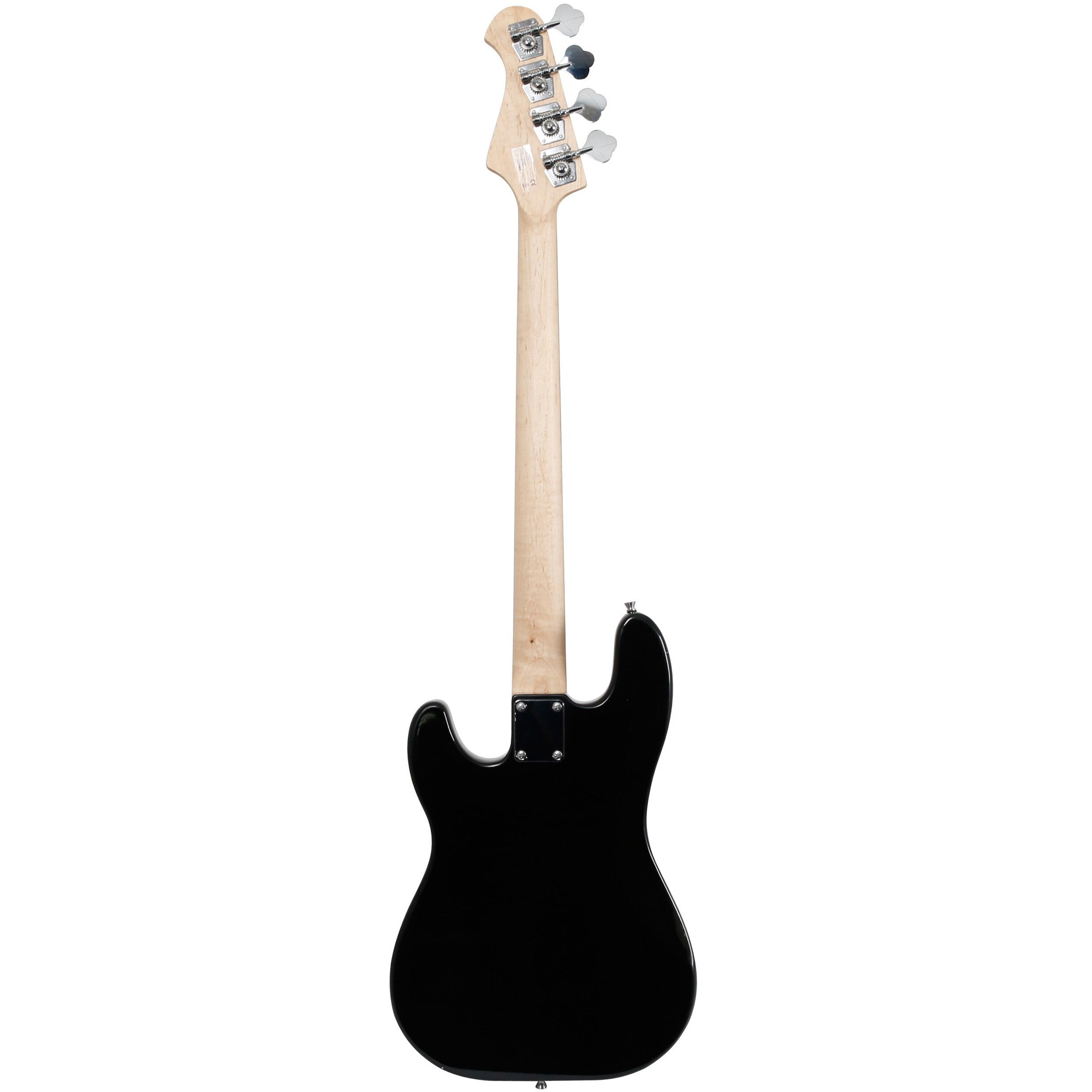 Zwarte basgitaar, met de voorkant omhoog, met houten hals en zilveren stemknoppen.