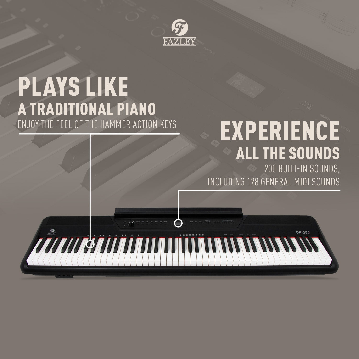 Zwarte digitale piano met 88 toetsen, model DP-250. Adverteert met 200 klanken.