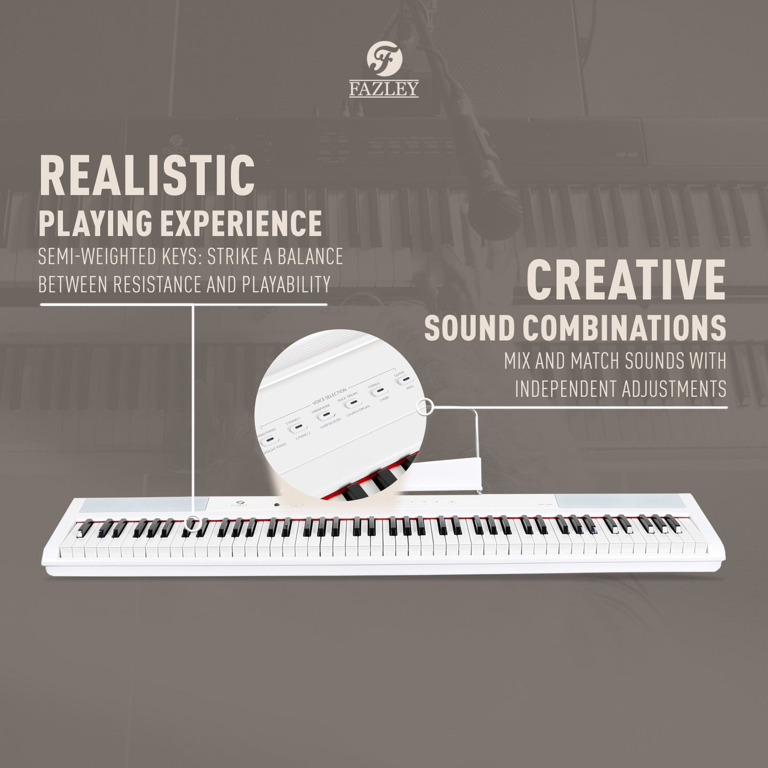 Een witte digitale piano met toetsen en bedieningselementen, Fazley logo.