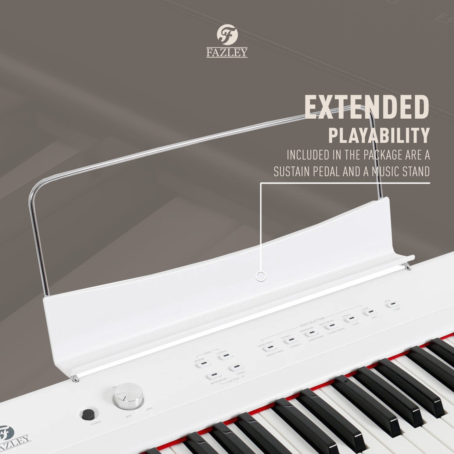 Witte digitale piano met zwarte en rode toetsen, muziekstandaard en bedieningspaneel.