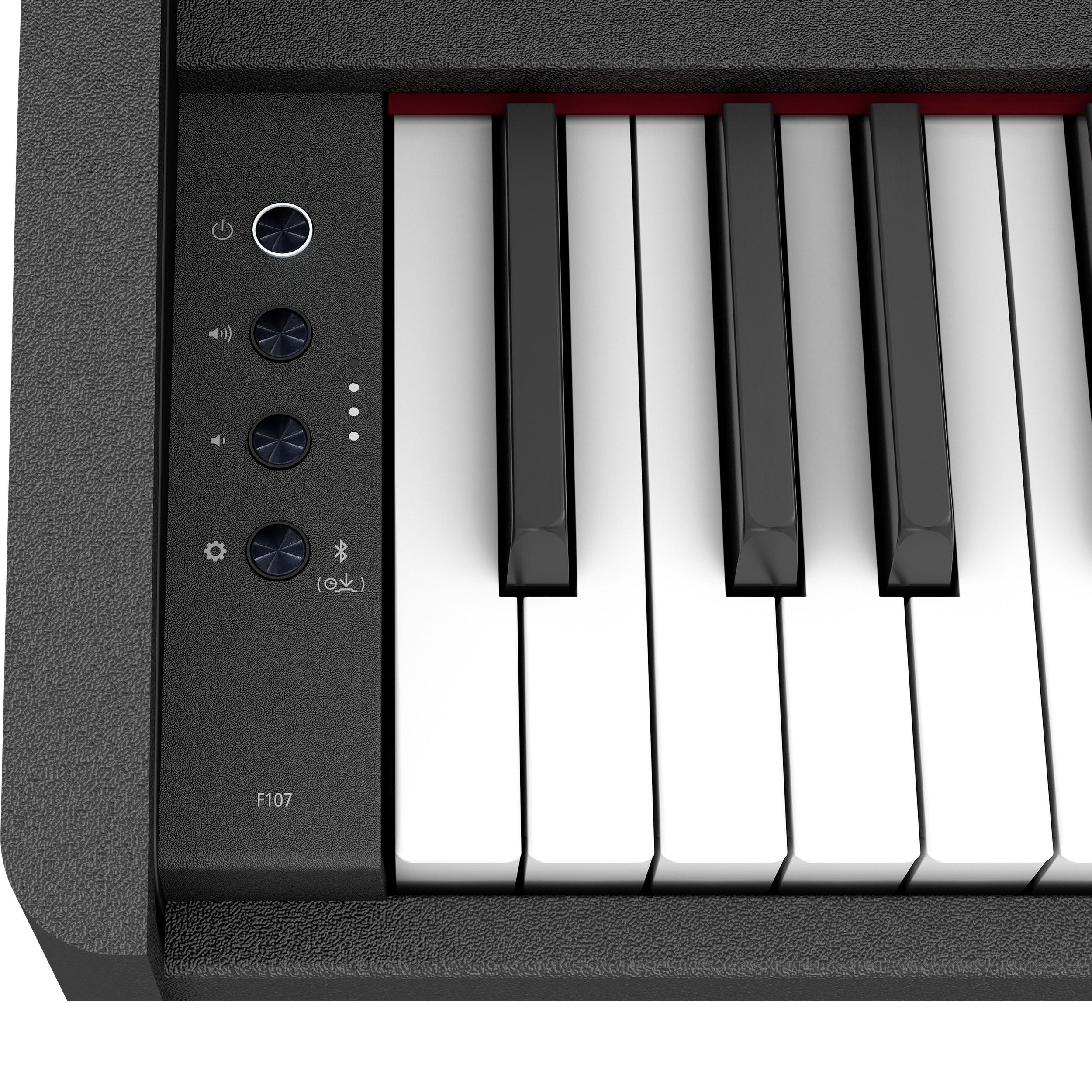 Close-up of a black digital piano with white keys and control buttons.