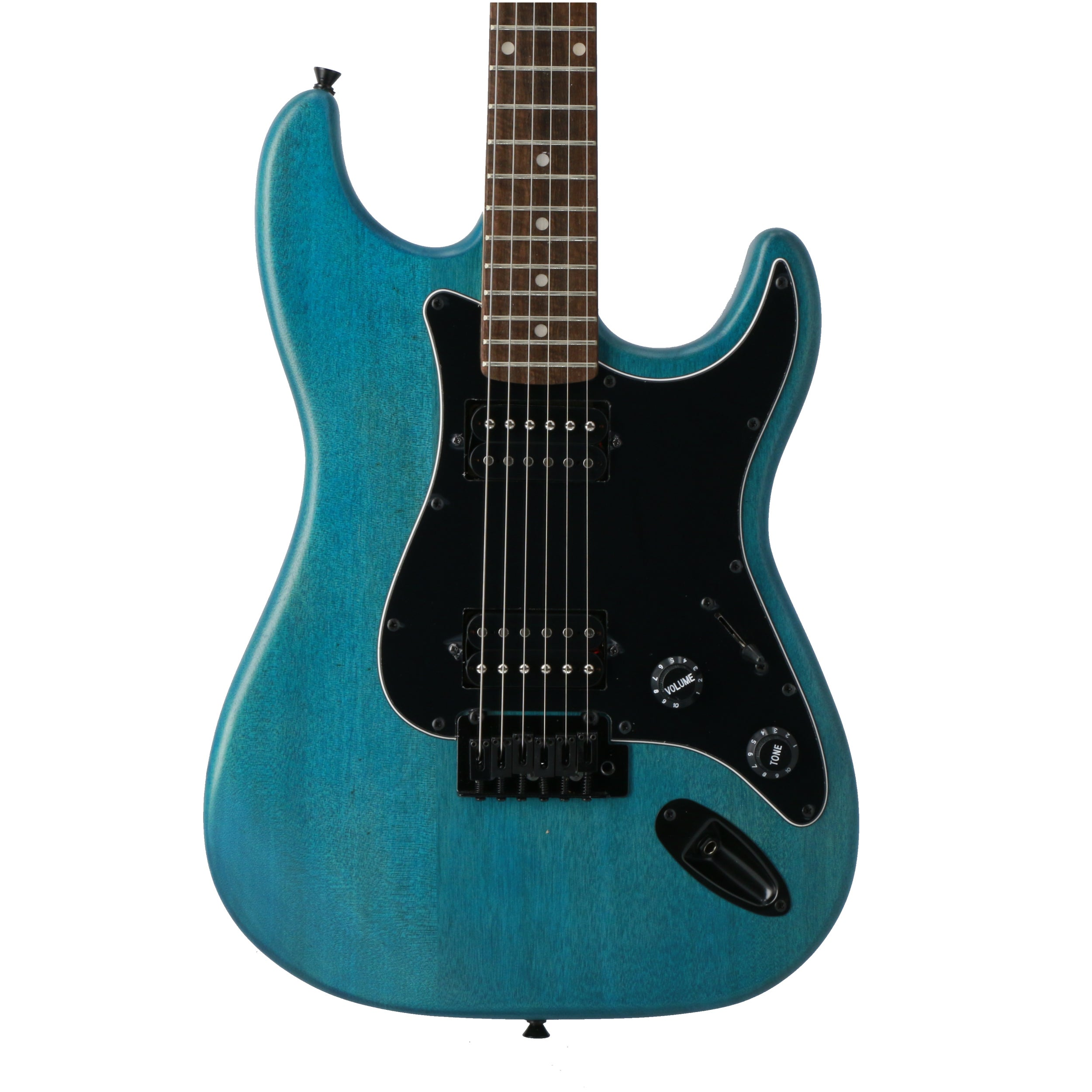 Blauw elektrische gitaar lichaam met zwart slagplaat en snaren.
