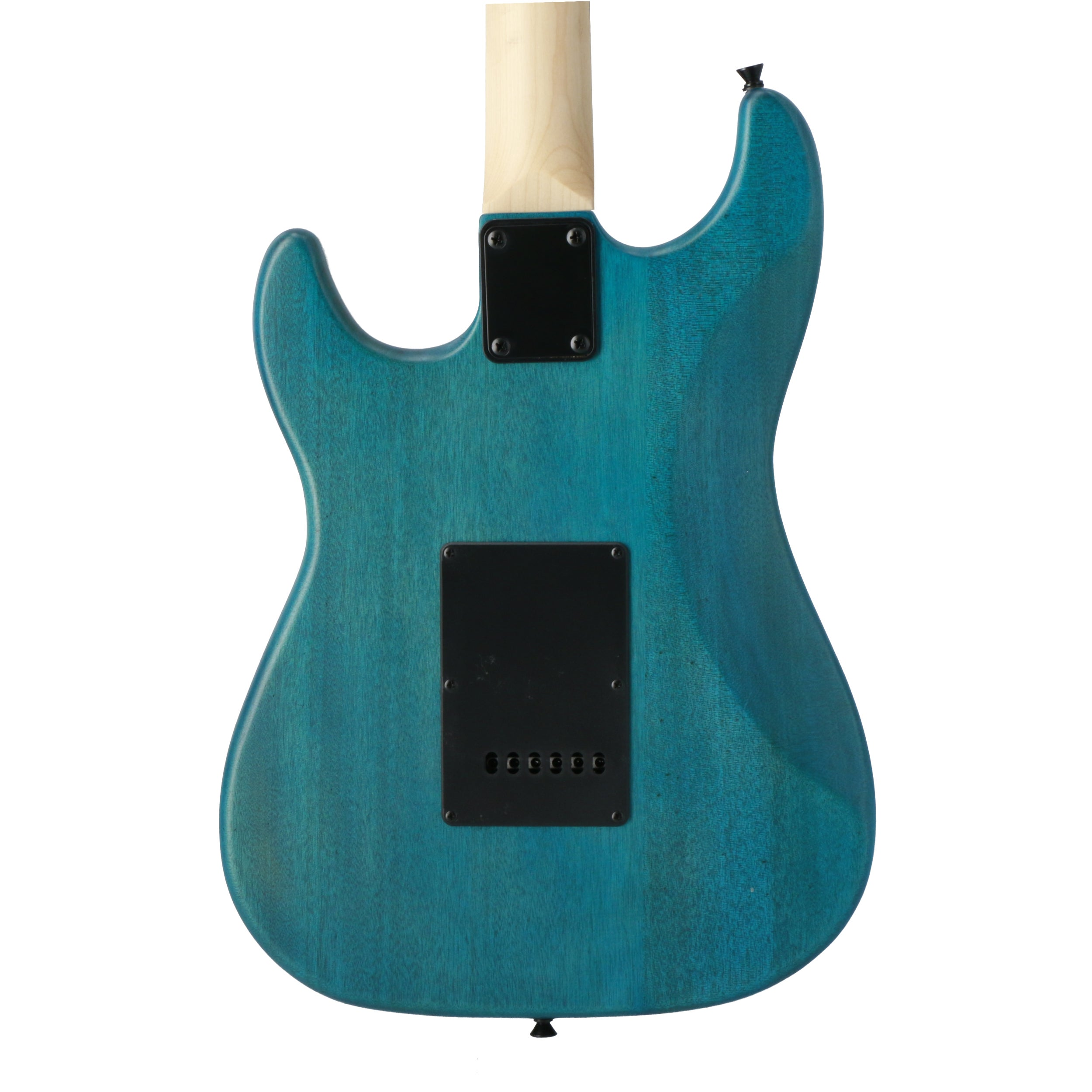 Achterkant van een blauwe elektrische gitaar met lichte houten hals.