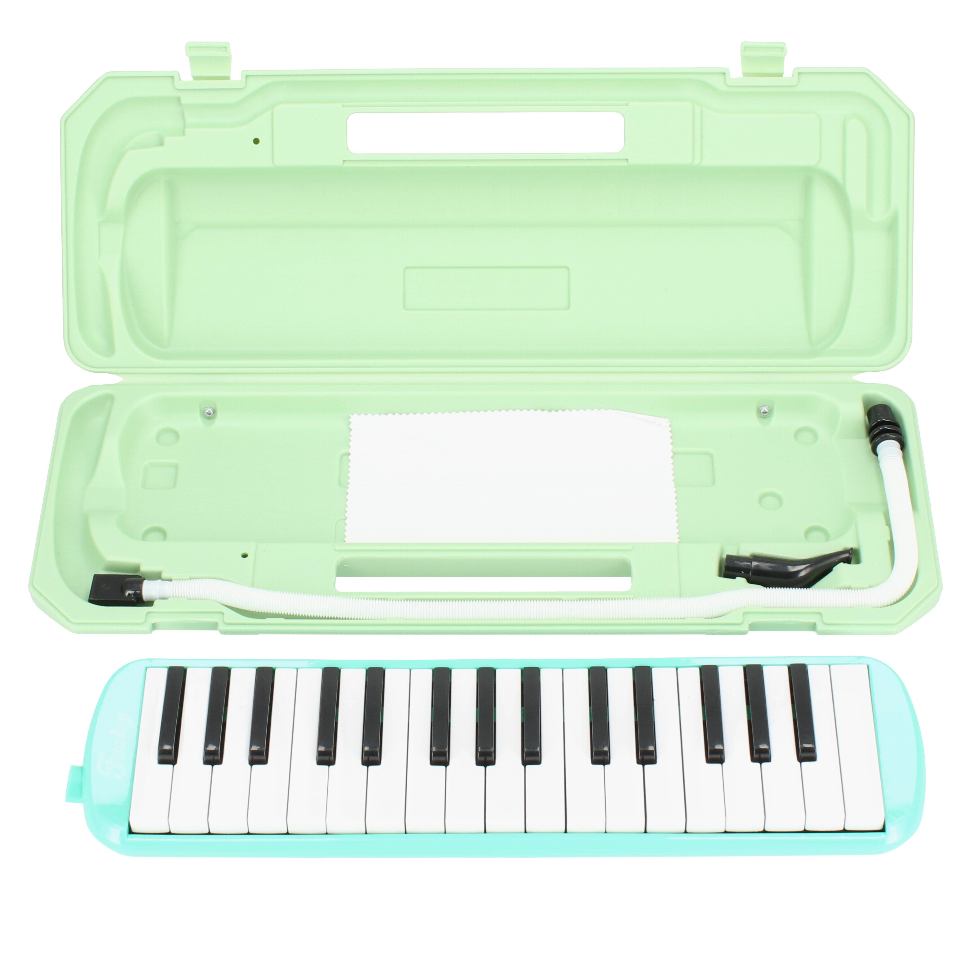 Een lichtgroene koffer met een melodica keyboard en accessoires erin.