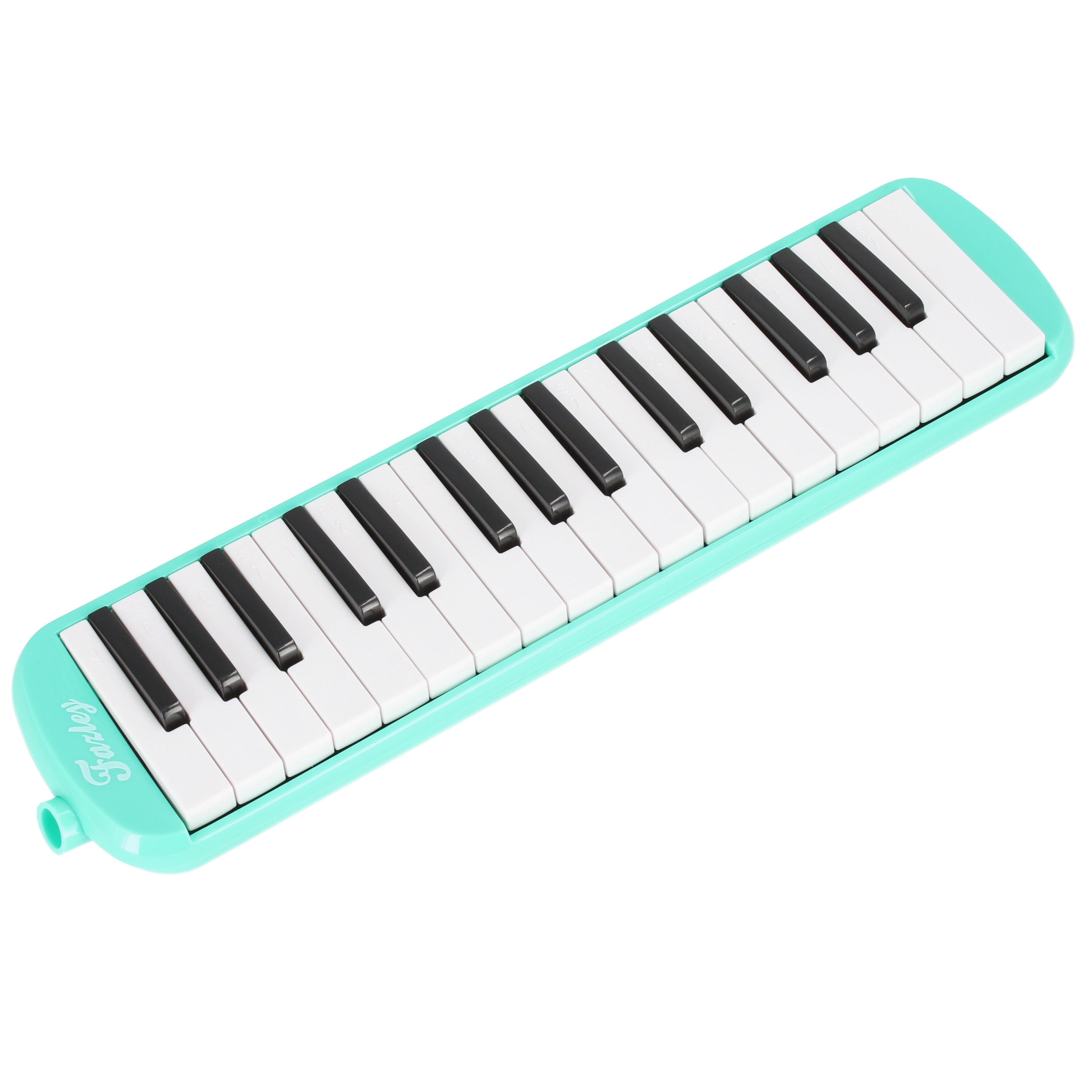 Een turquoise melodica met witte en zwarte toetsen.