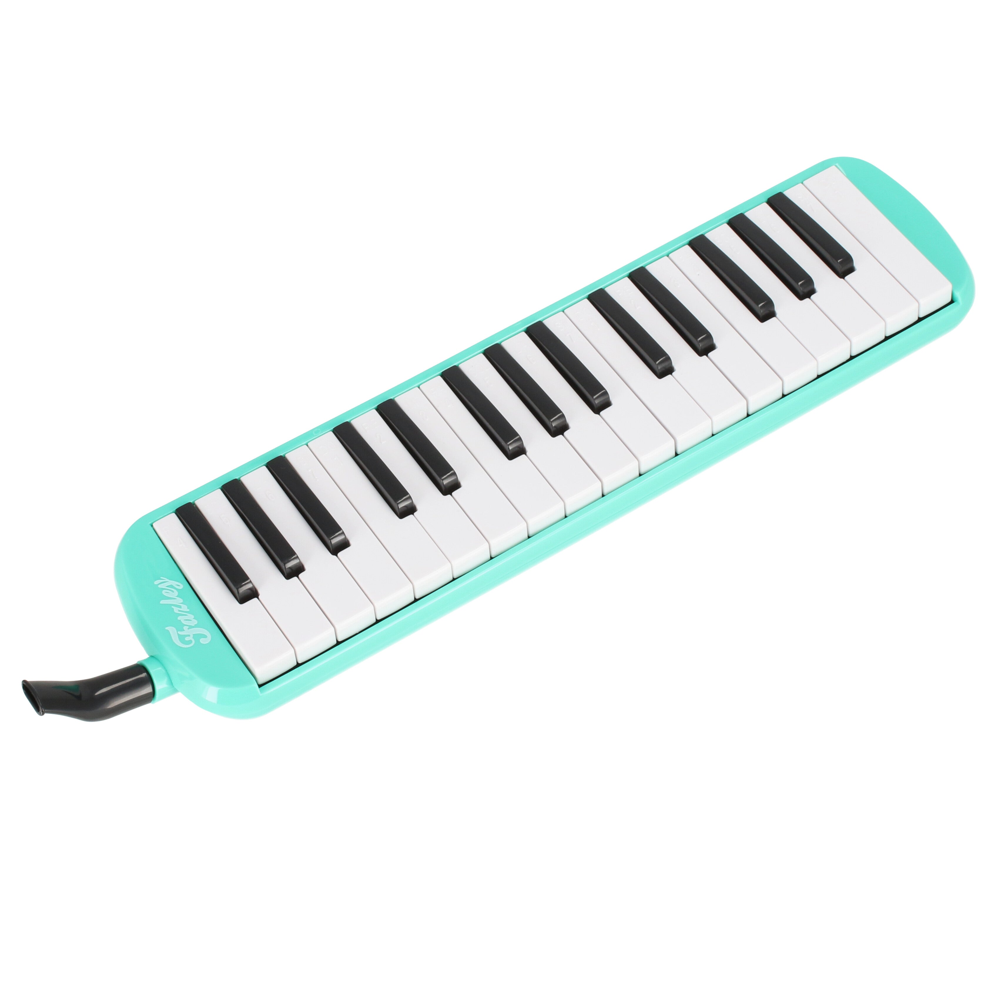 Een turkooizen melodica met zwarte en witte toetsen en mondstuk.