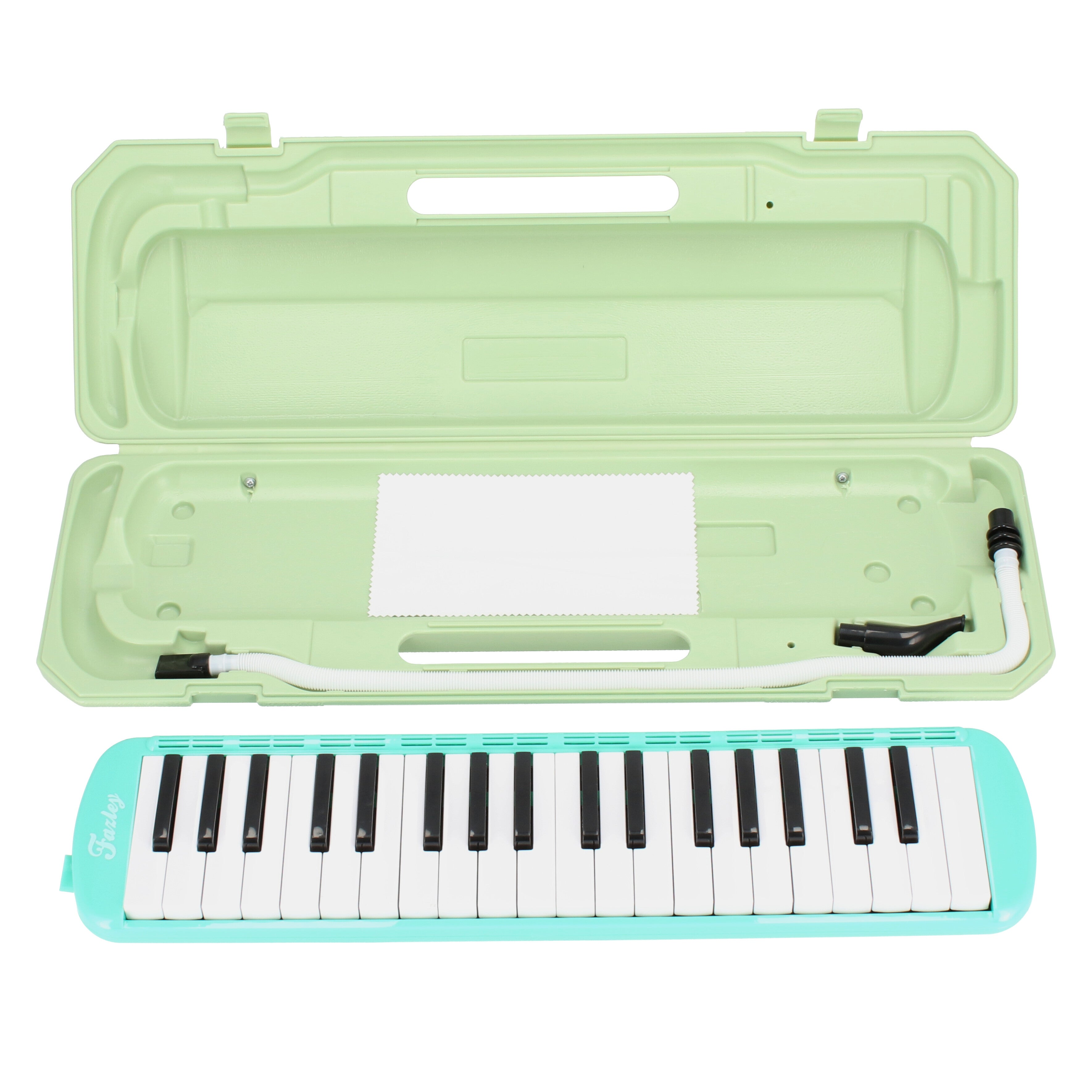 Een lichtgroene melodica met toetsenbord en de open koffer ernaast.