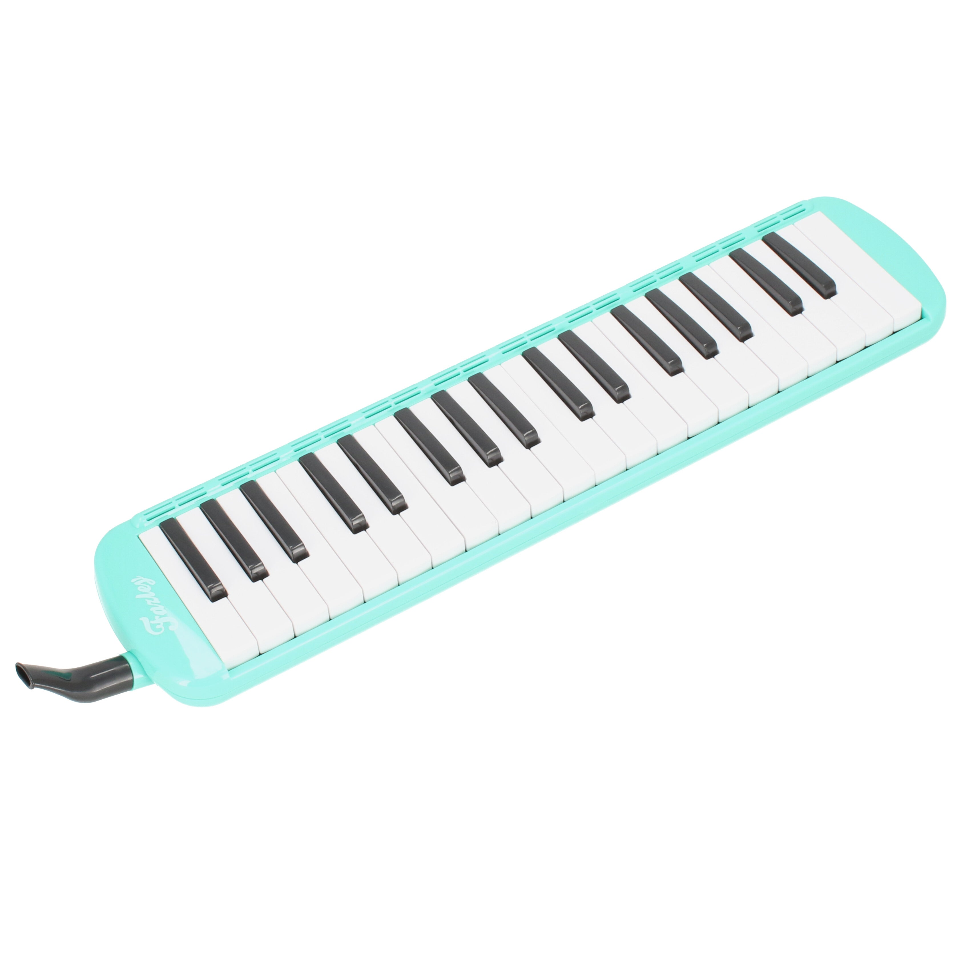 Een turquoise melodica met witte en zwarte toetsen.