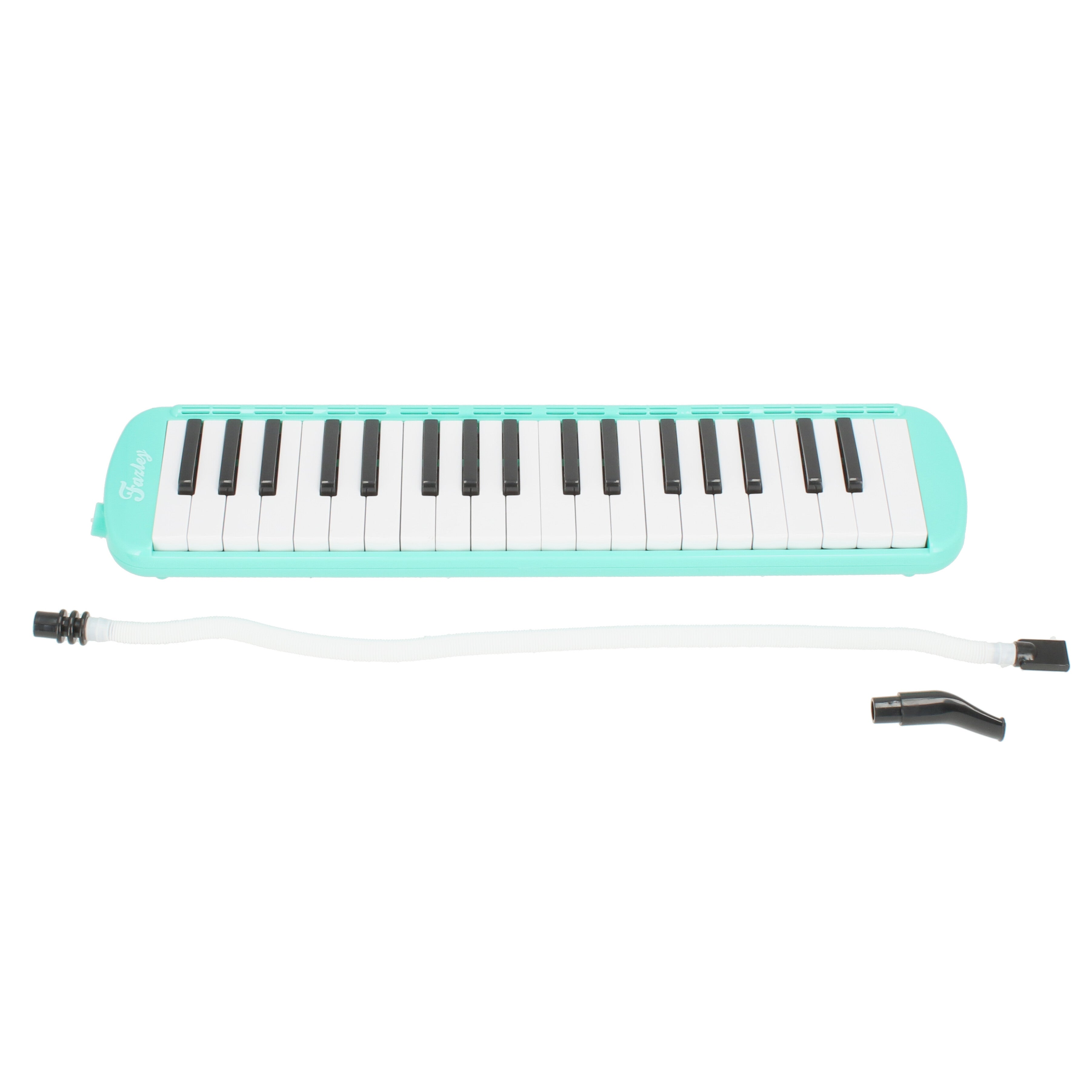 Een turkooizen melodica met witte en zwarte toetsen, met slangen.
