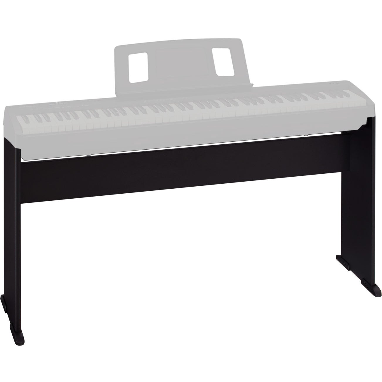 Een zwarte pianostandaard met een leeg muziekrek en witte toetsen.