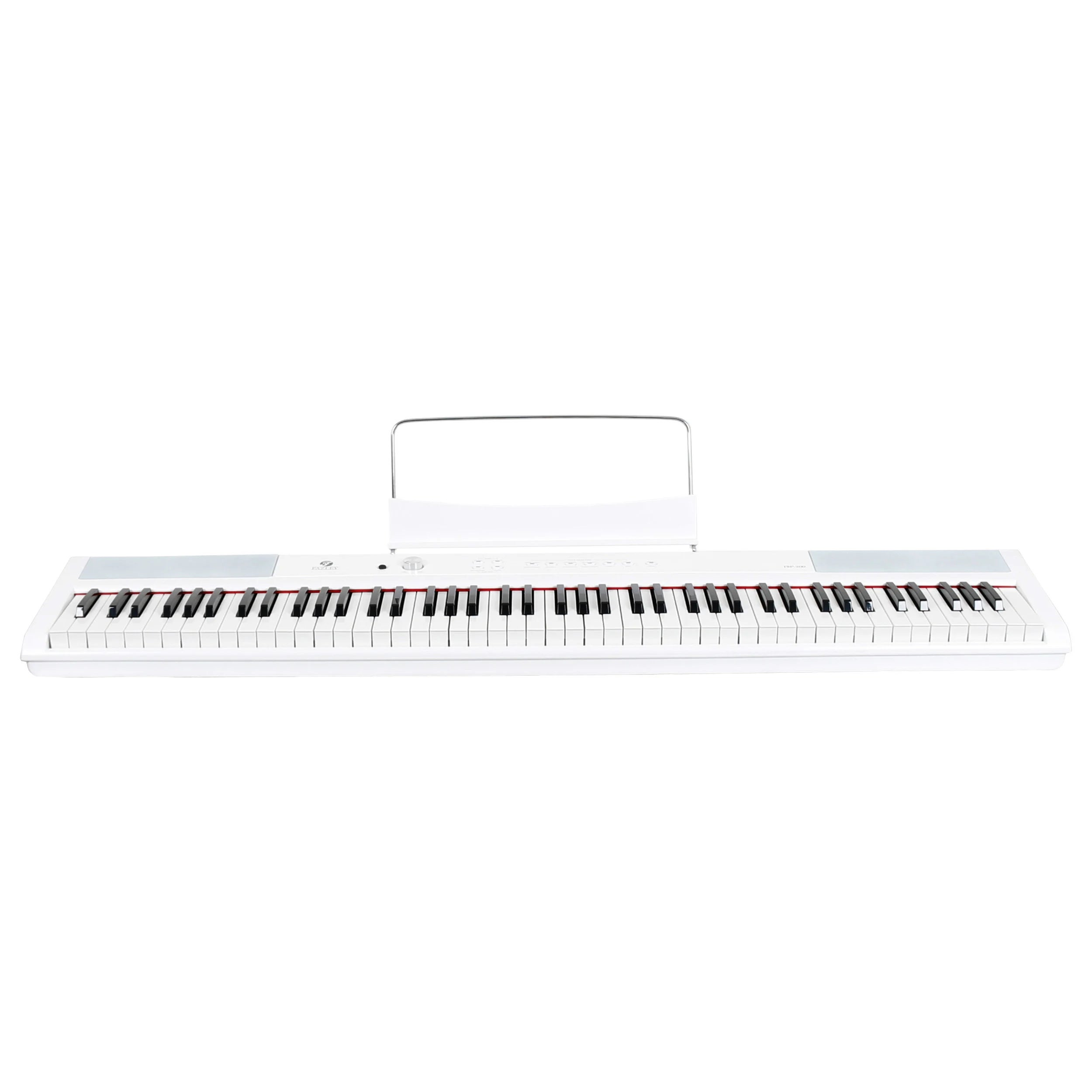 Een witte digitale piano met lessenaar. Zwarte en witte toetsen zijn zichtbaar.