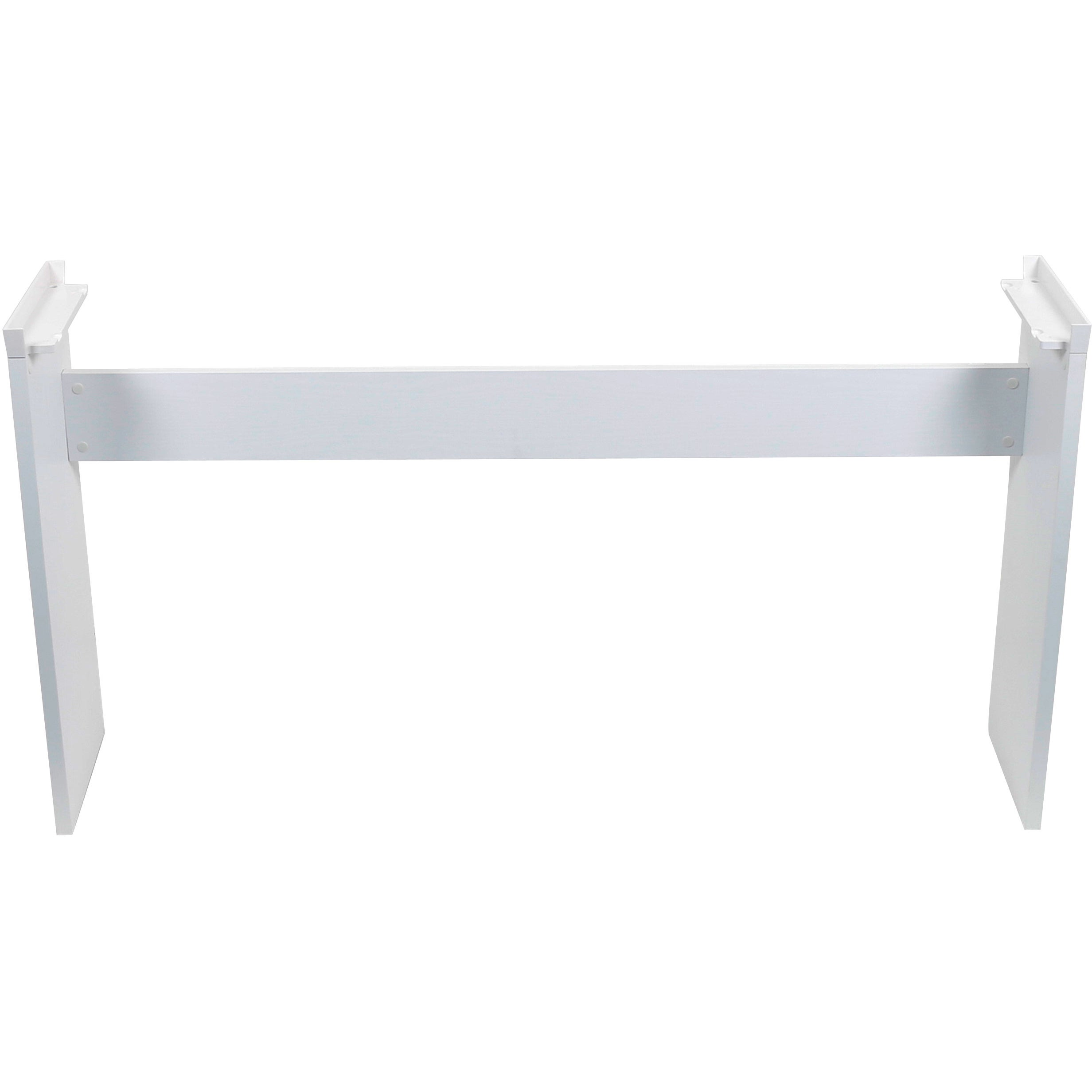 Een witte pianostandaard met twee schuine poten en een dwarsbalk.