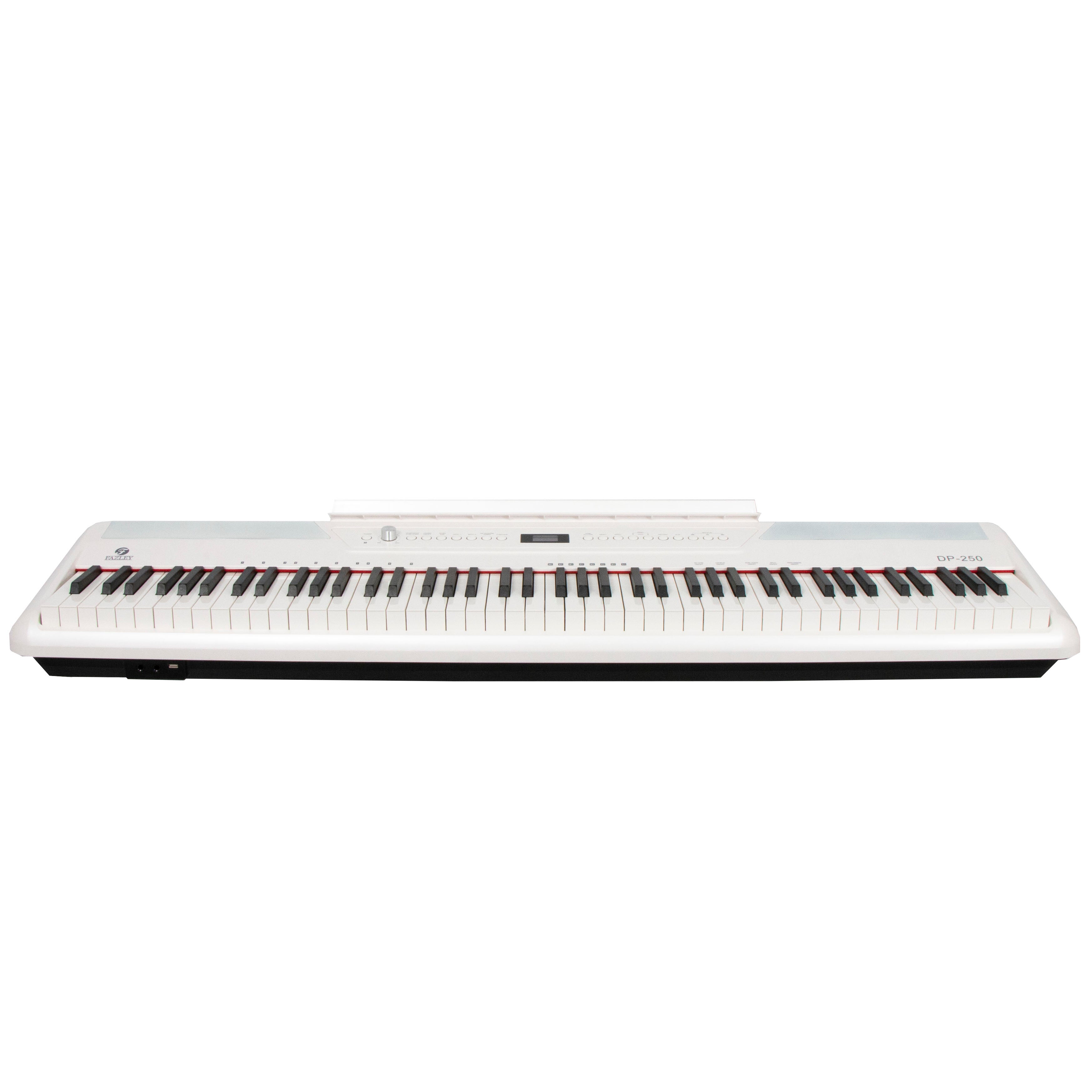 Een witte digitale piano met zwarte en rode toetsen.