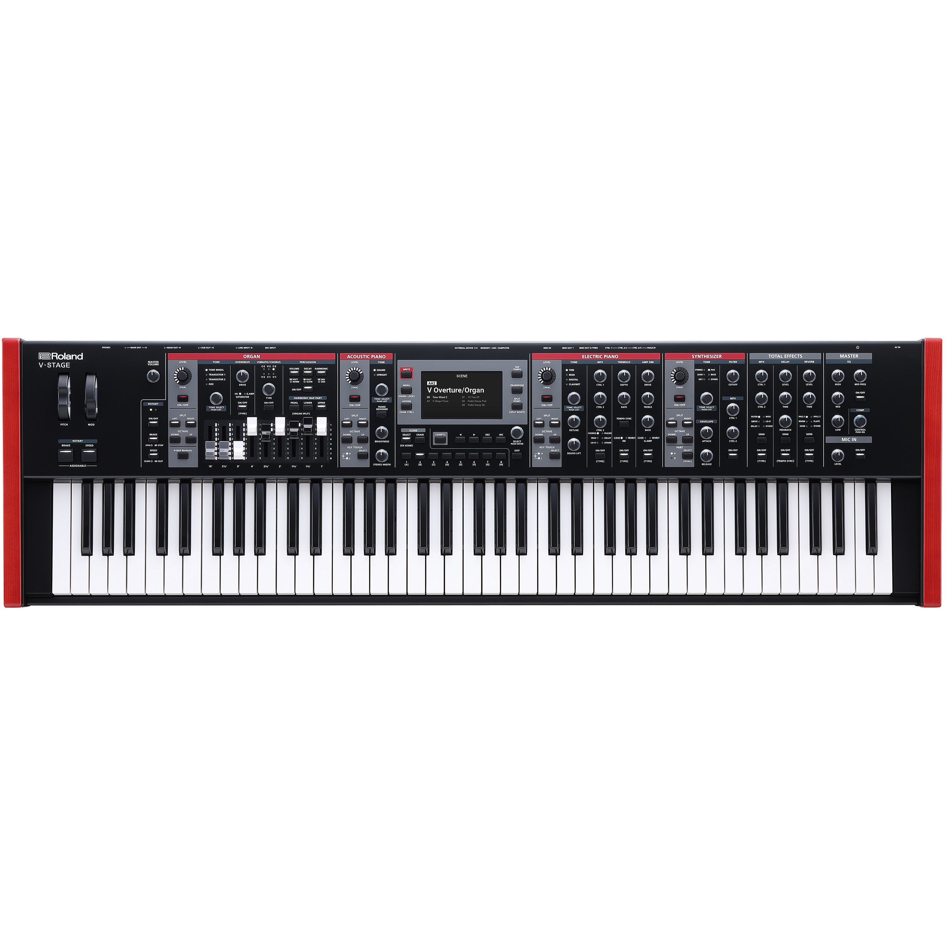 Een zwart Roland V-STAGE keyboard met rode zijkanten en veel knoppen.