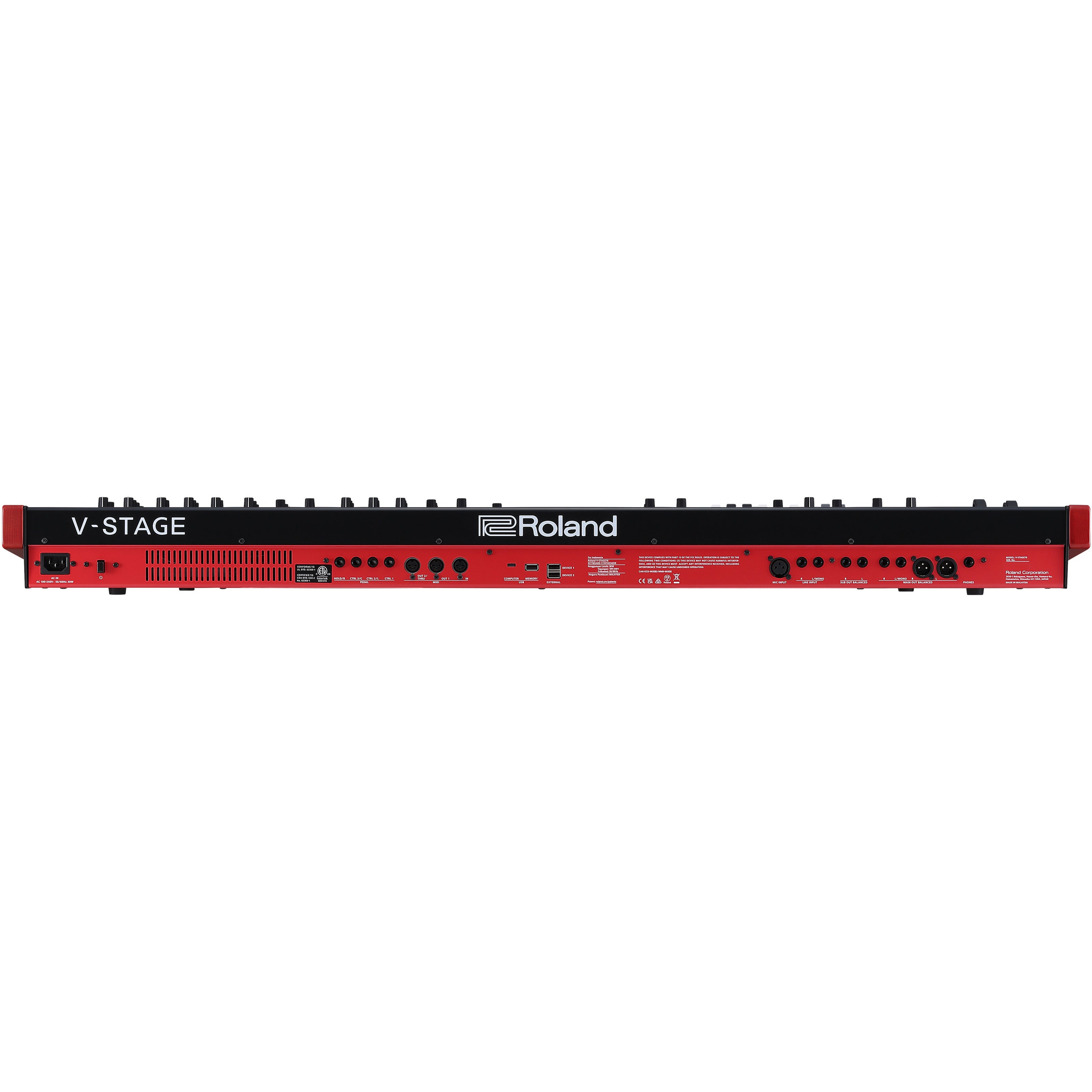 Achterpaneel van een rode Roland V-STAGE synthesizer met poorten en labels.