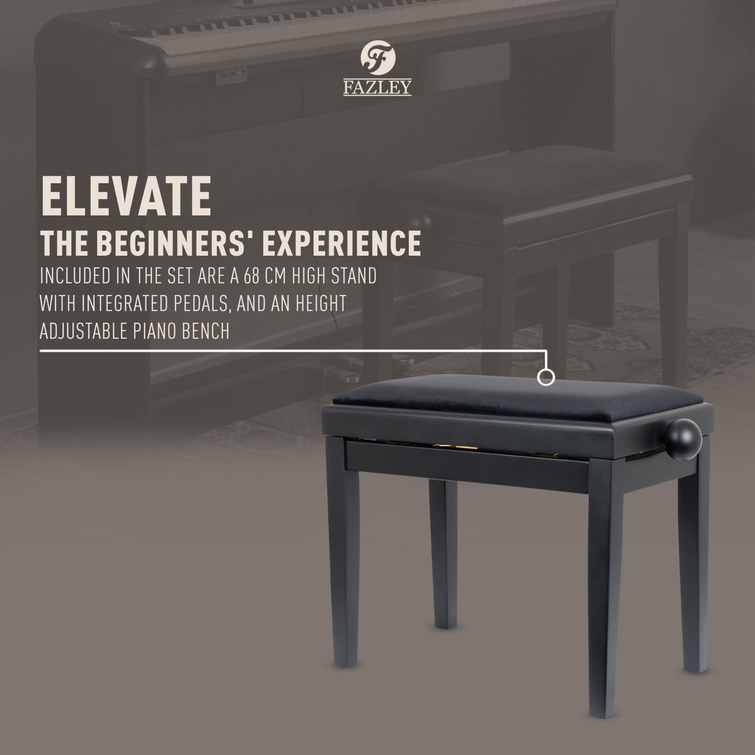 Een zwarte pianokruk staat voor een donkere piano met Fazley-logo.