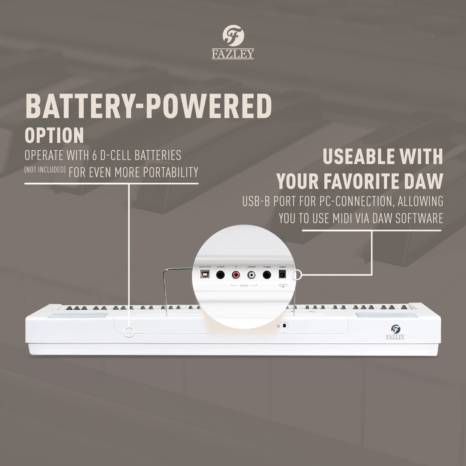 White keyboard with ports: USB, Sustain, Line Out, Phones, Power.