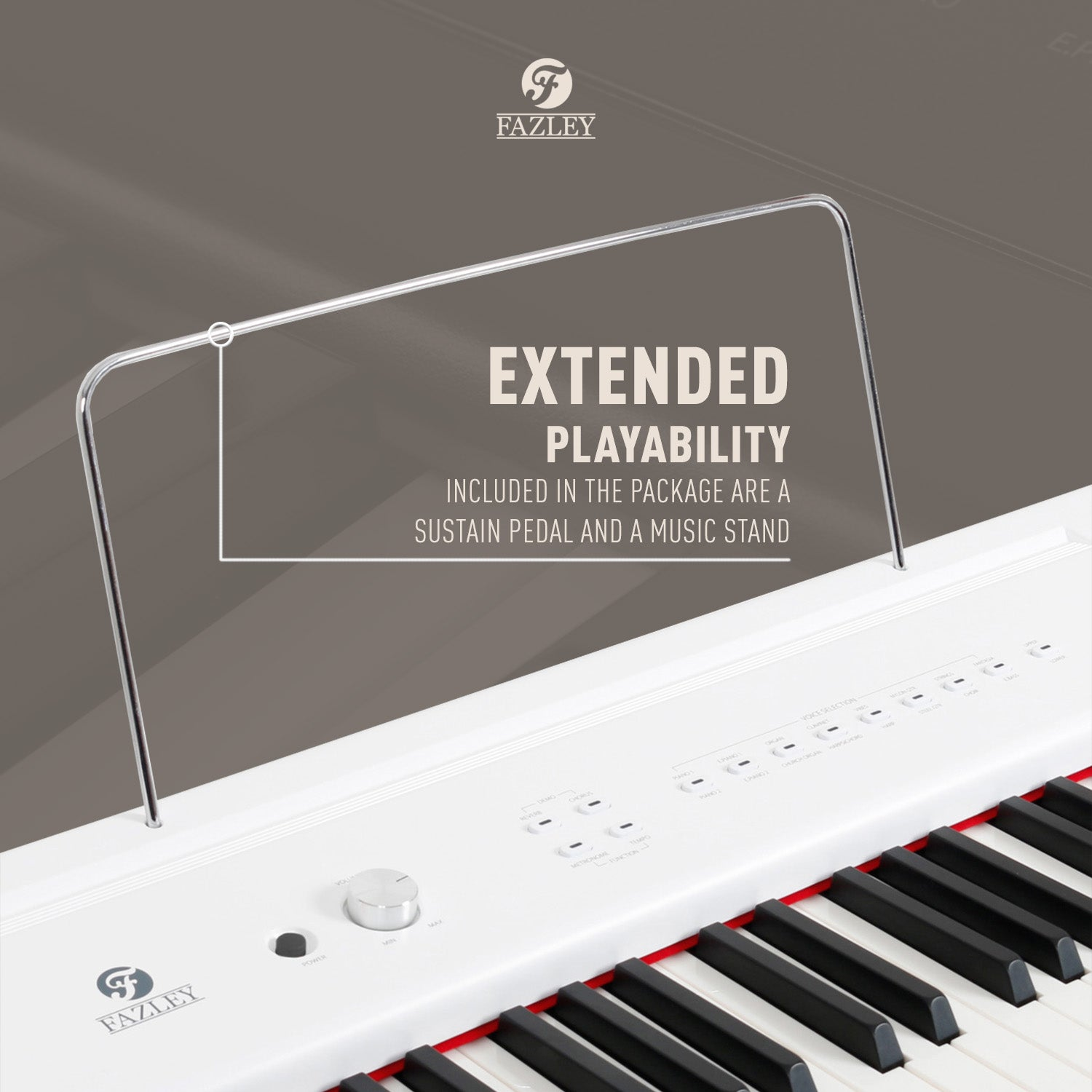 White keyboard with red accents and text about extended playability.