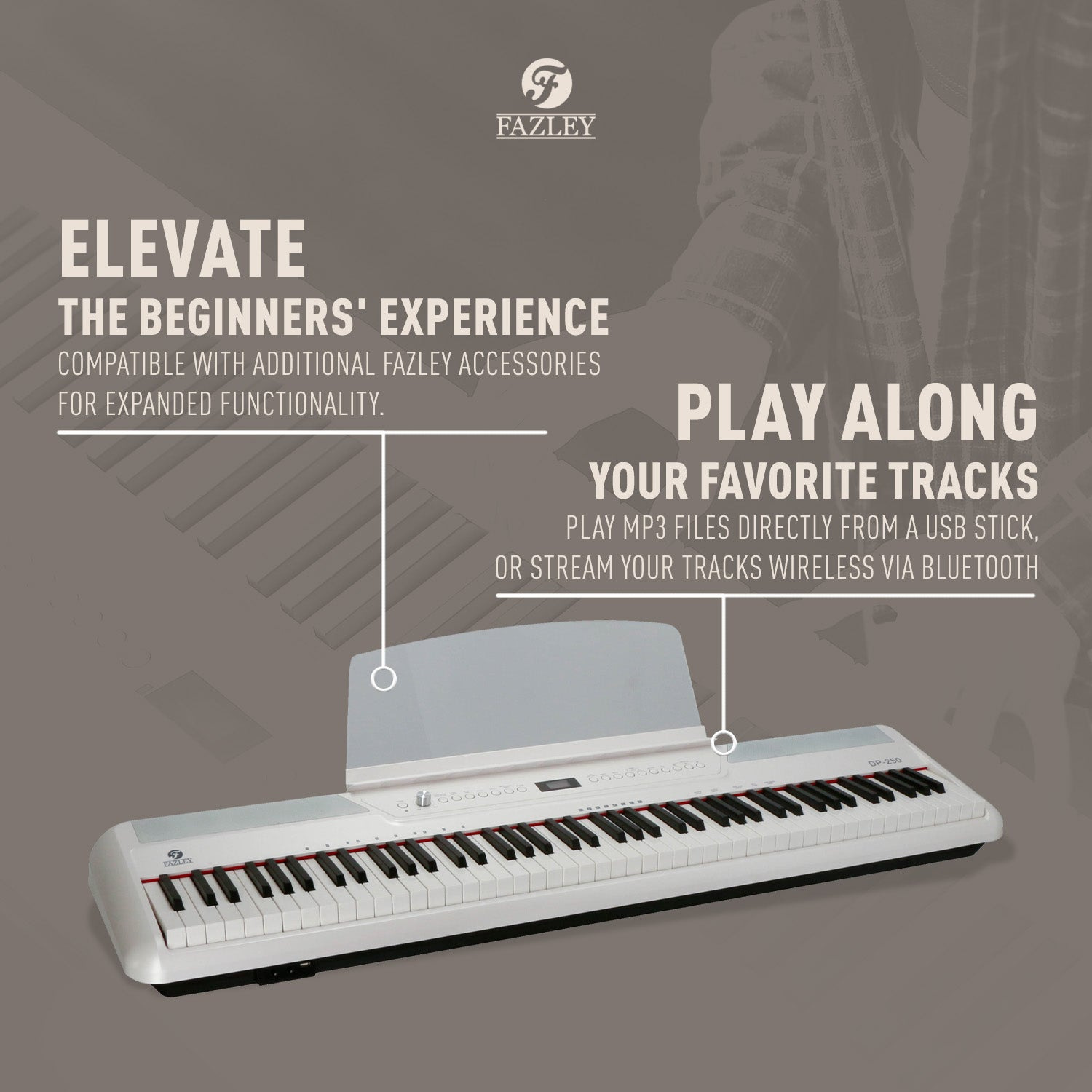 Een witte Fazley DP-250 digitale piano met muziekstandaard, toetsen en bedieningselementen.
