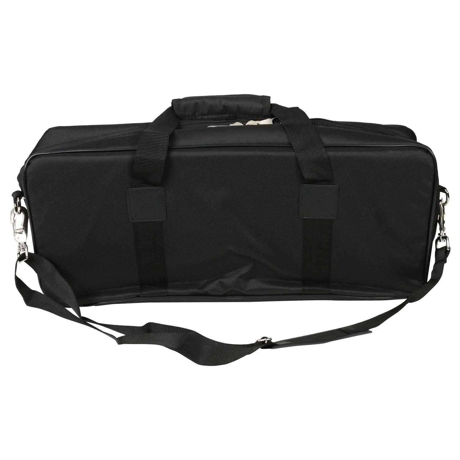 Zwarte tas met handvatten en schouderband.