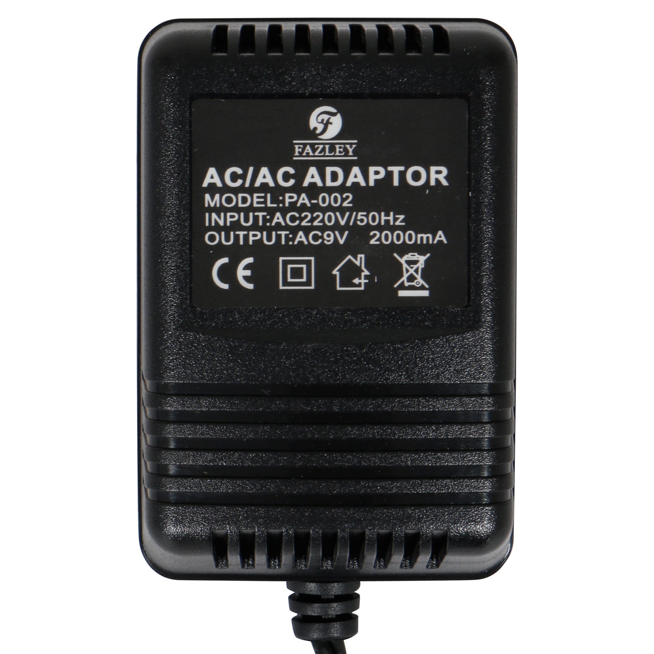 Zwarte AC/AC stroomadapter met tekst: FAZLEY, PA-002, 220V/50Hz, 9V/2000mA.
