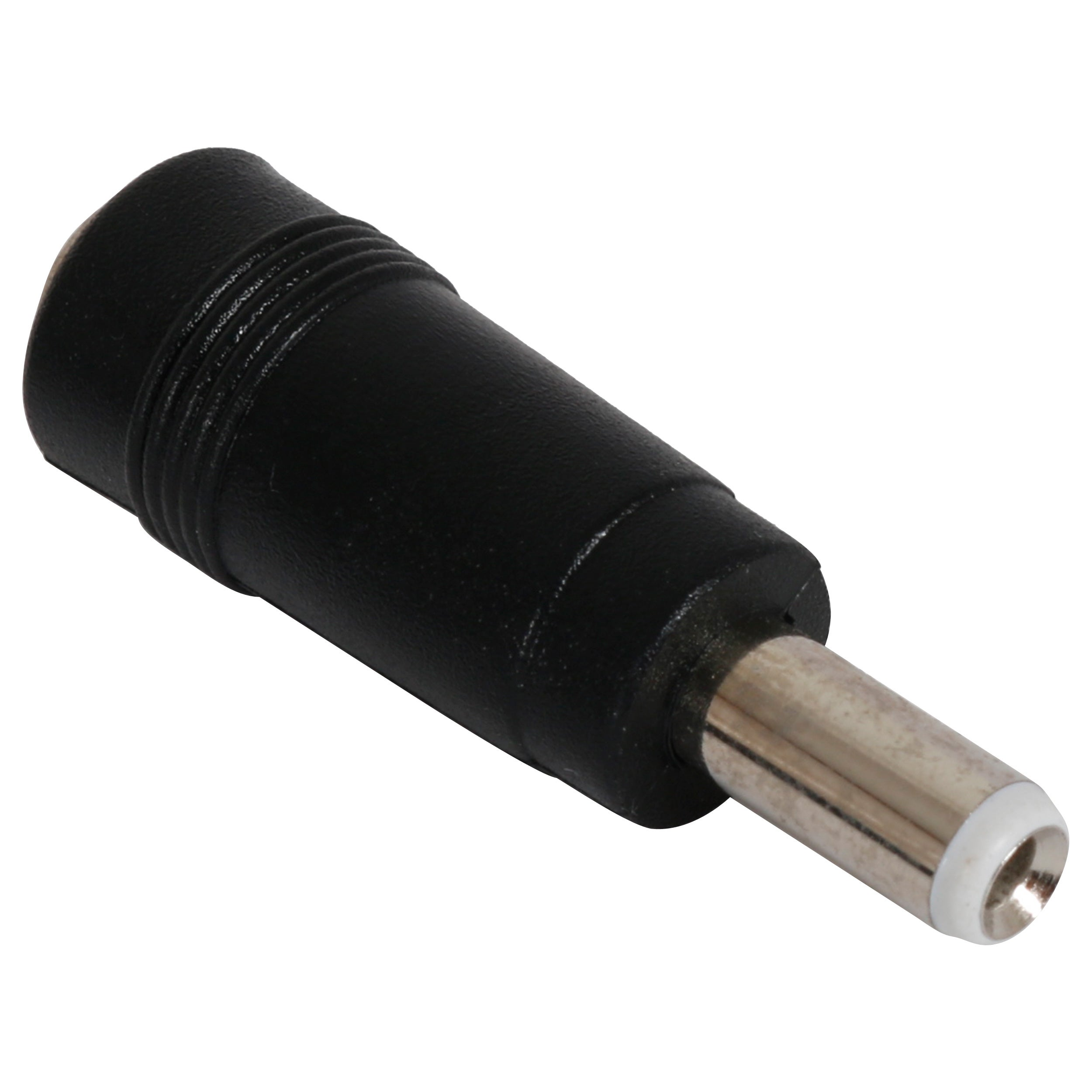 Zwarte connector met metalen punt en witte ring, geïsoleerd op wit.