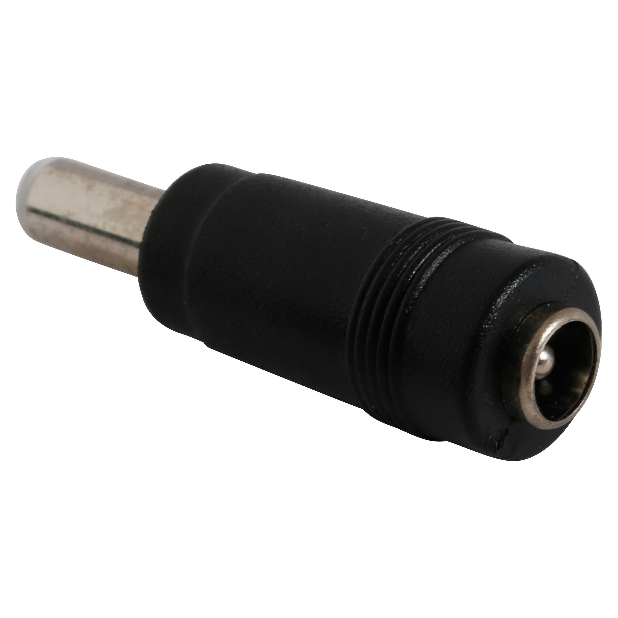 Een zwarte DC-stroomadapter met een zilveren stekker en een aansluiting.