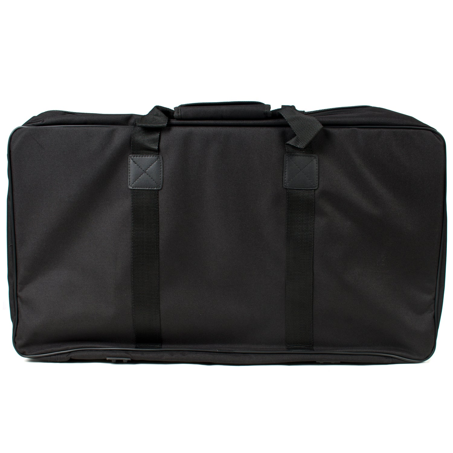 Zwarte tas met handvatten en rits, op witte achtergrond.