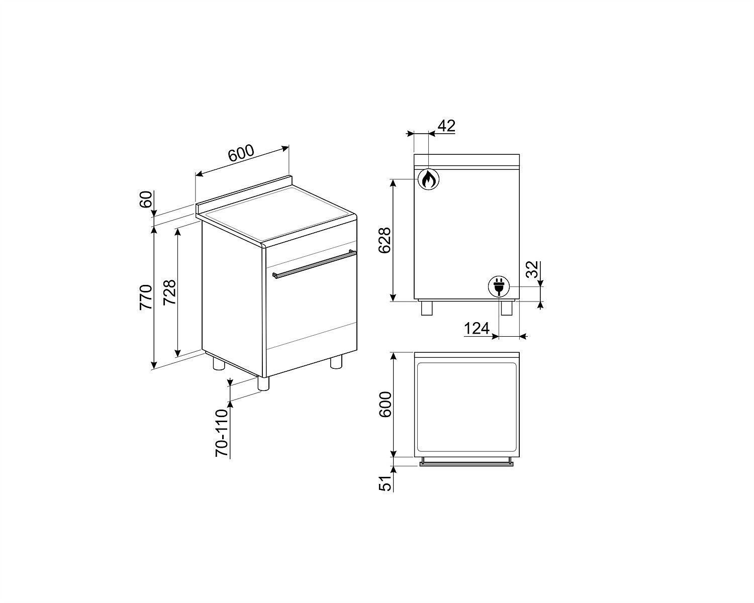 Dibujo técnico de un electrodoméstico de cocina con medidas.