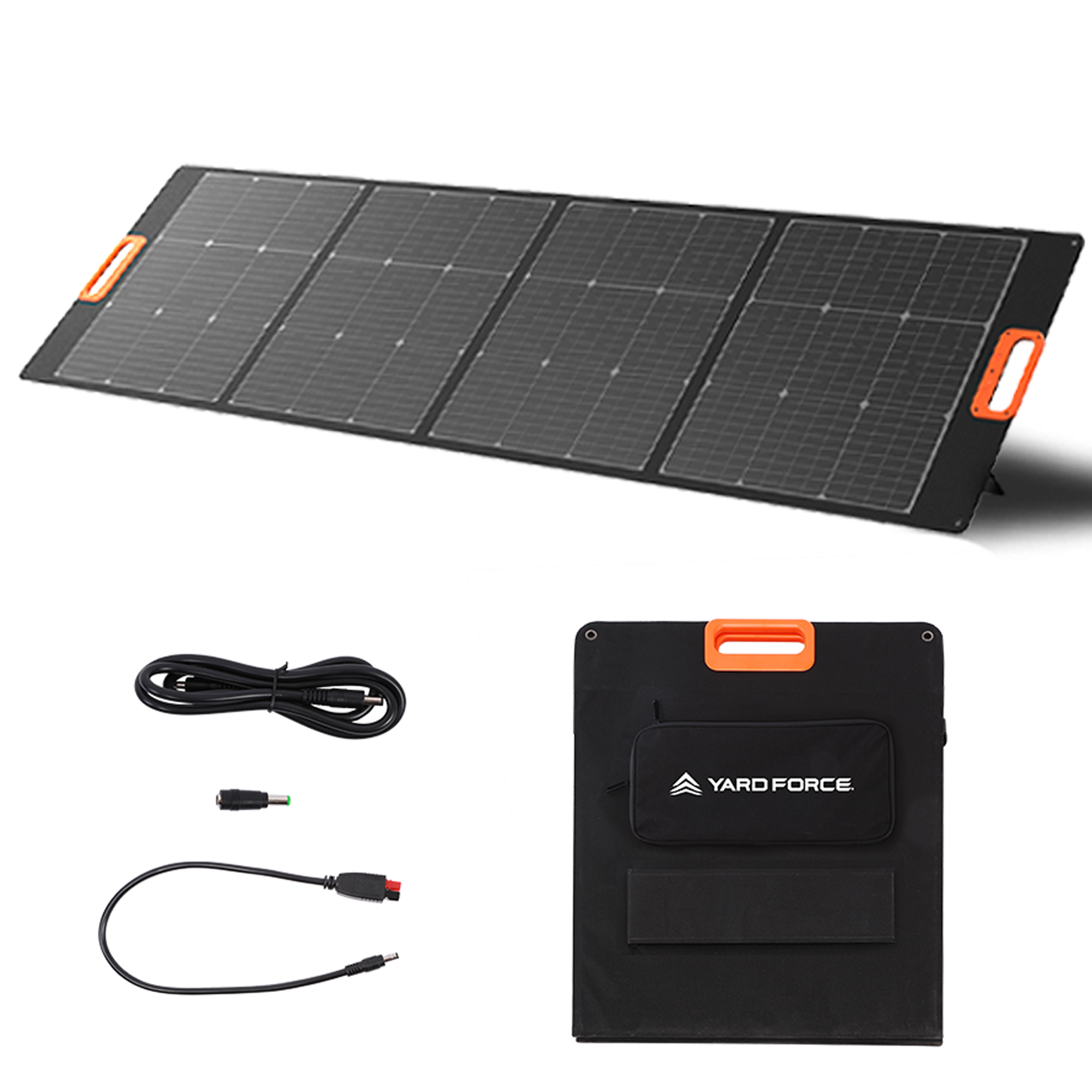 Schwarzes Solarpanel mit orangen Griffen, zusammengeklappt mit Kabeln und Zubehör.