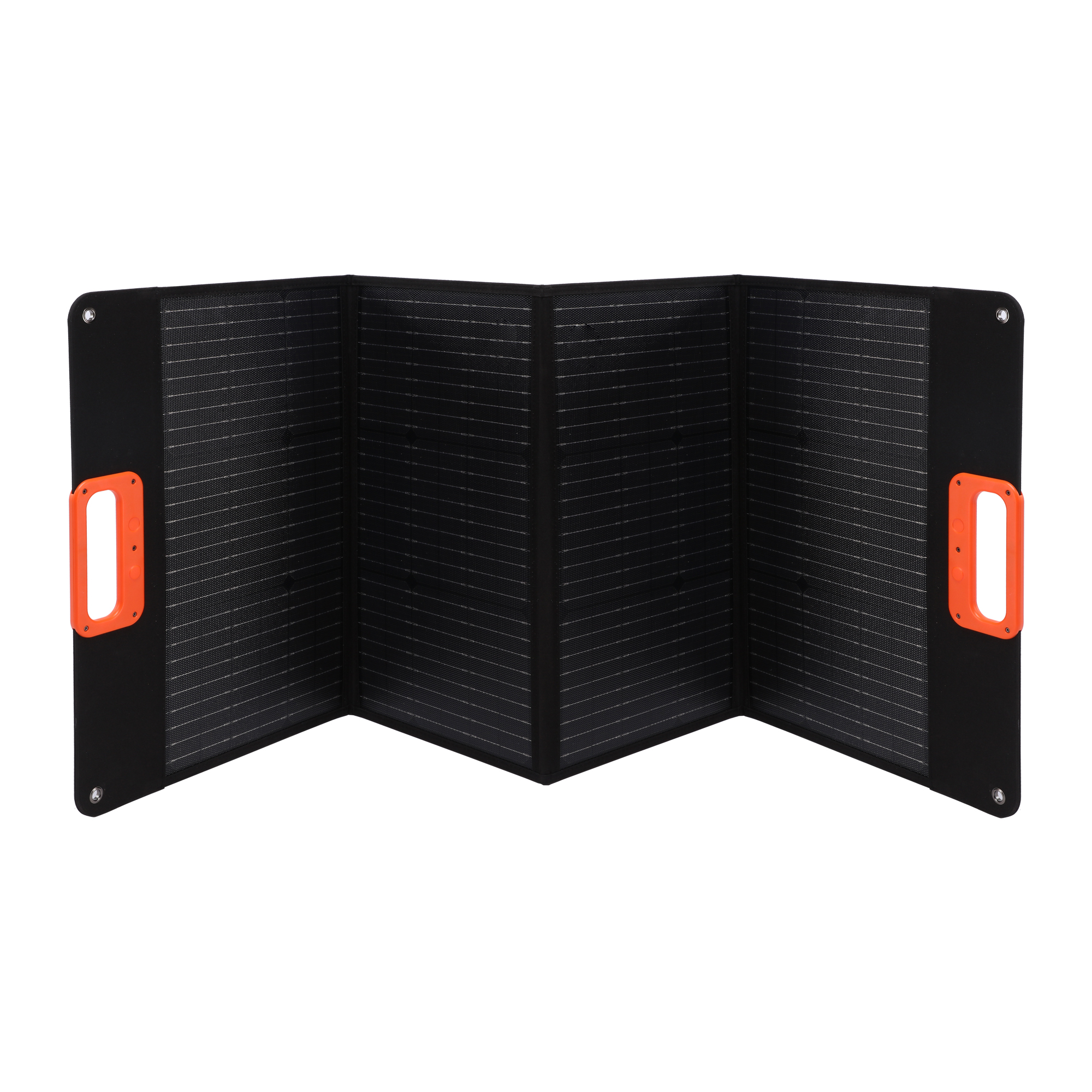 Schwarzes, faltbares Solarpanel mit orangefarbenen Griffen, auf weißem Hintergrund.