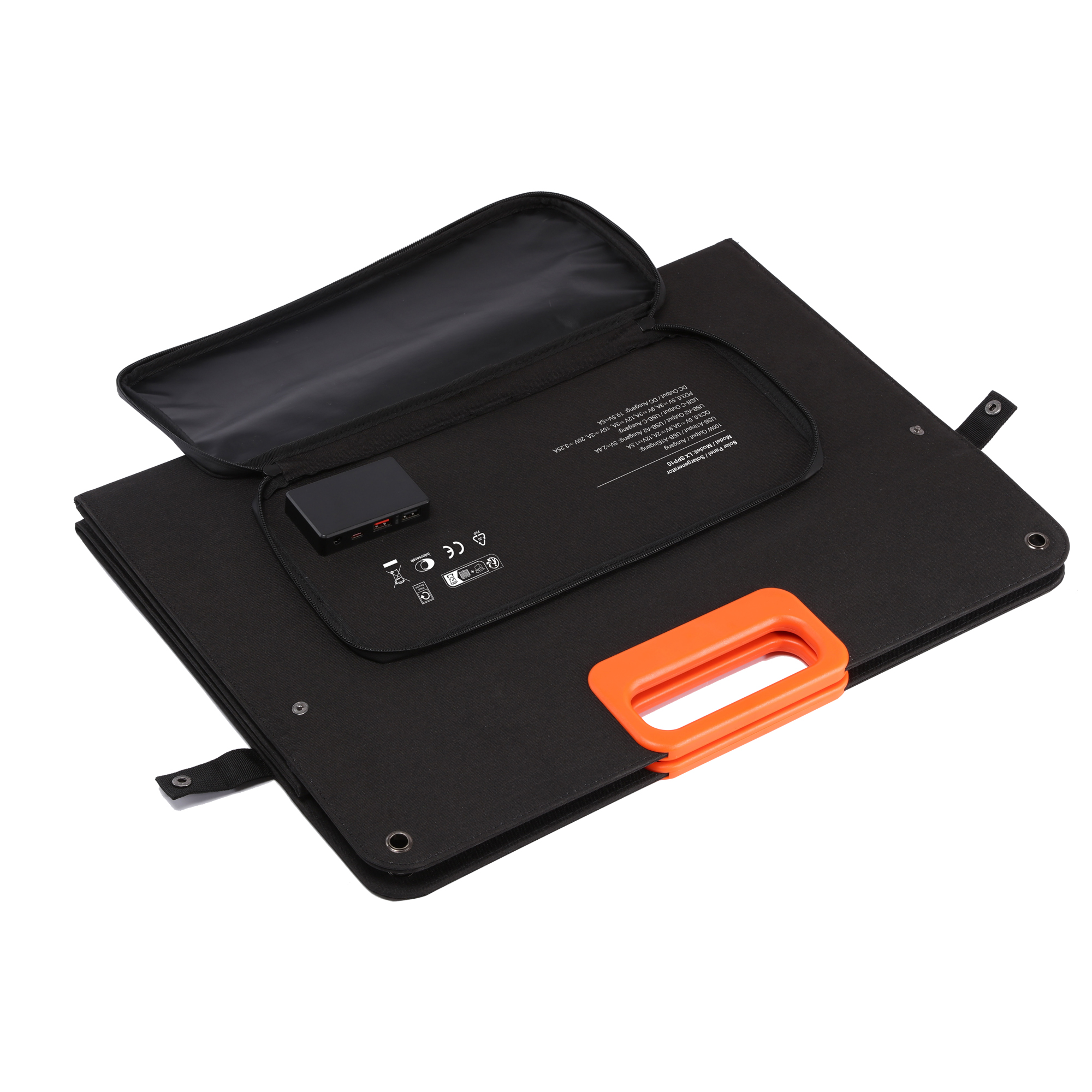 Schwarzes Solarpanel mit aufklappbarer Tasche, Ladeanschluss und orangefarbenem Griff.