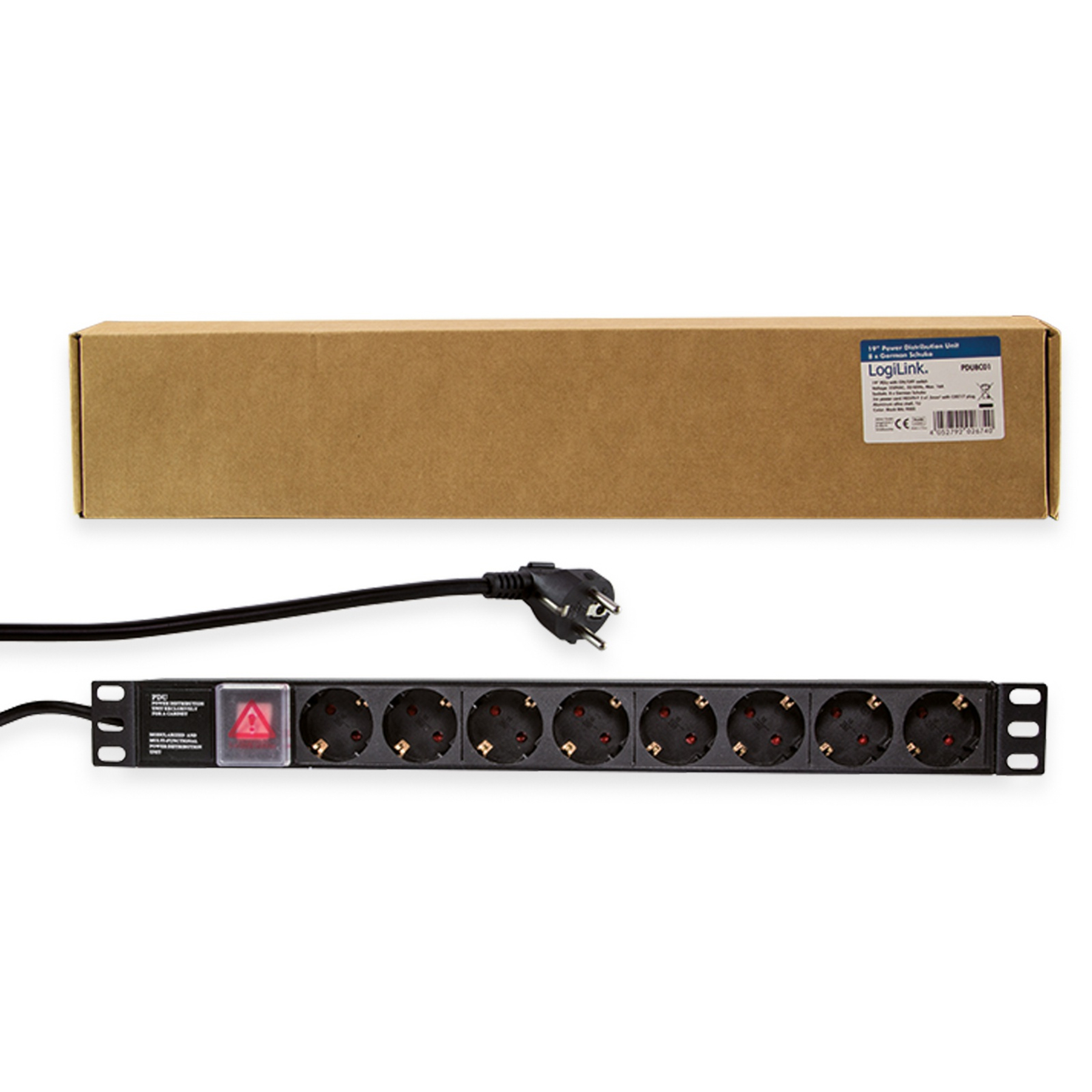 Listwa zasilająca z ośmioma gniazdami, wtyczką sieciową i symbolem ostrzegawczym. Pudełko kartonowe na górze.