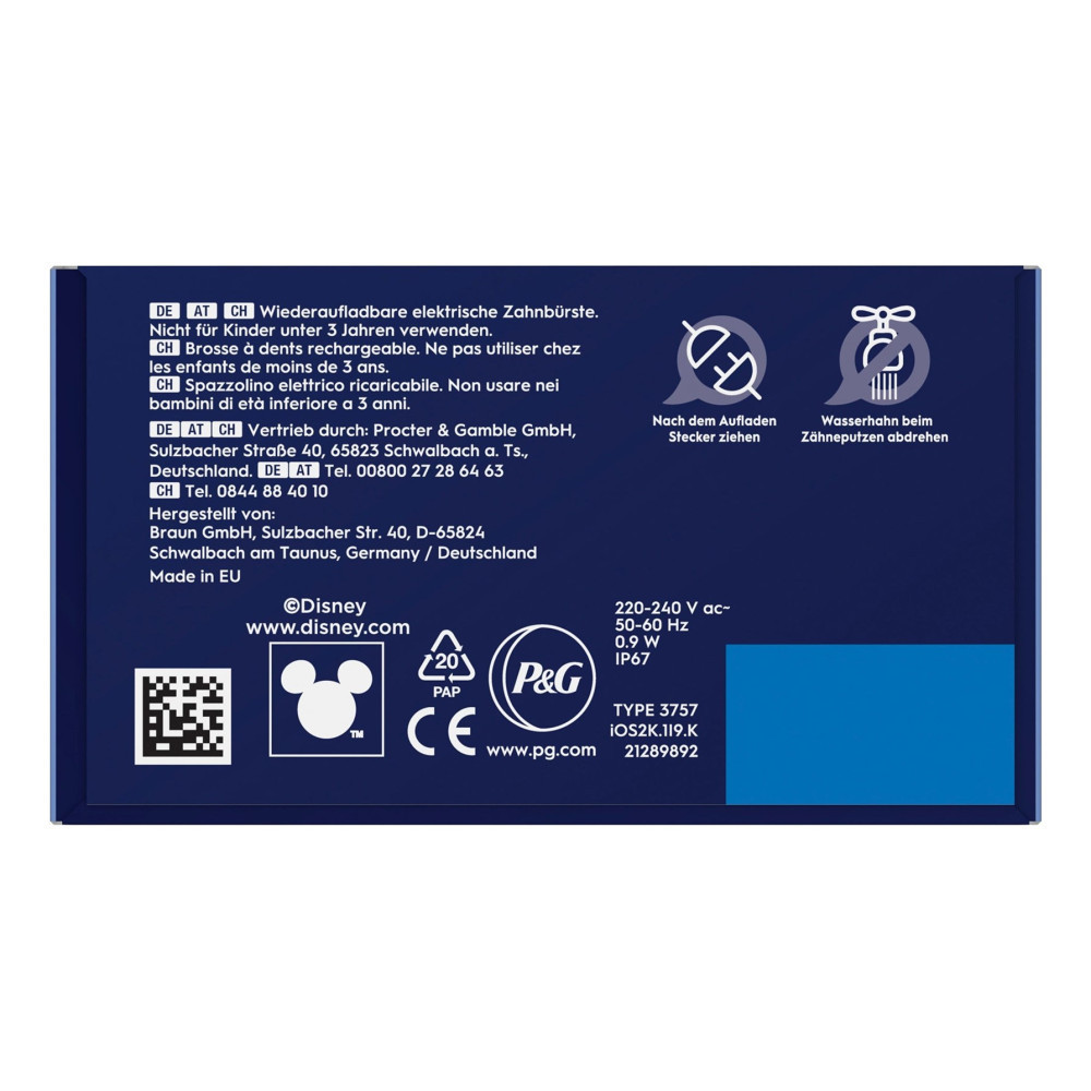 Informacje o szczoteczce akumulatorowej, producencie i ikonach bezpieczeństwa.