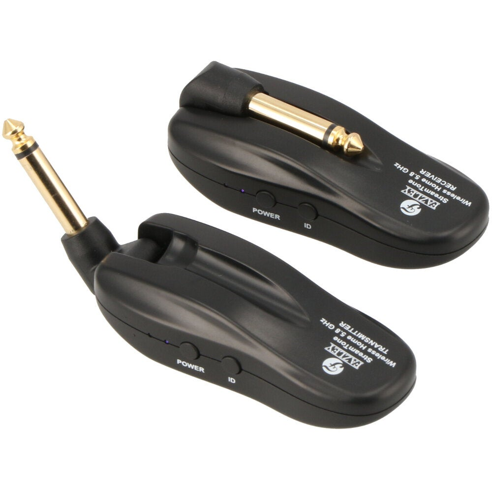 Twee zwarte draadloze zender/ontvanger units met gouden pluggen en witte labels.