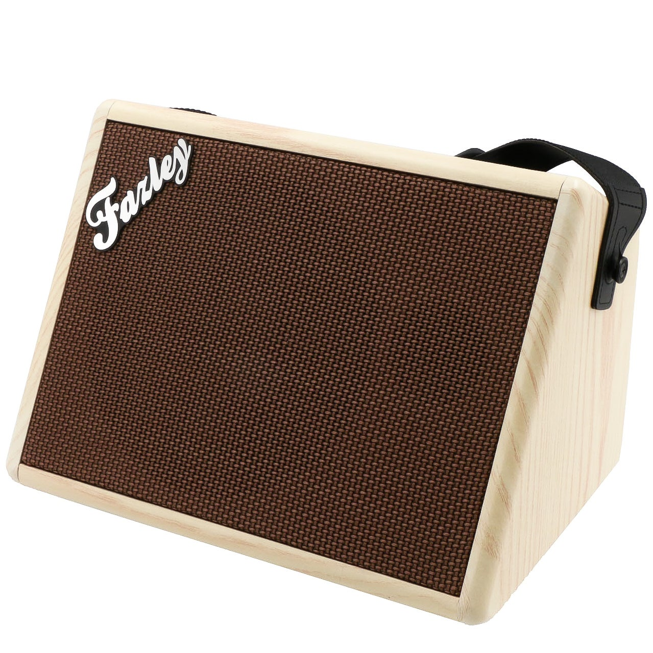 Bruine gitaarversterker met houten behuizing en stoffen voorkant. 'Farley' logo.