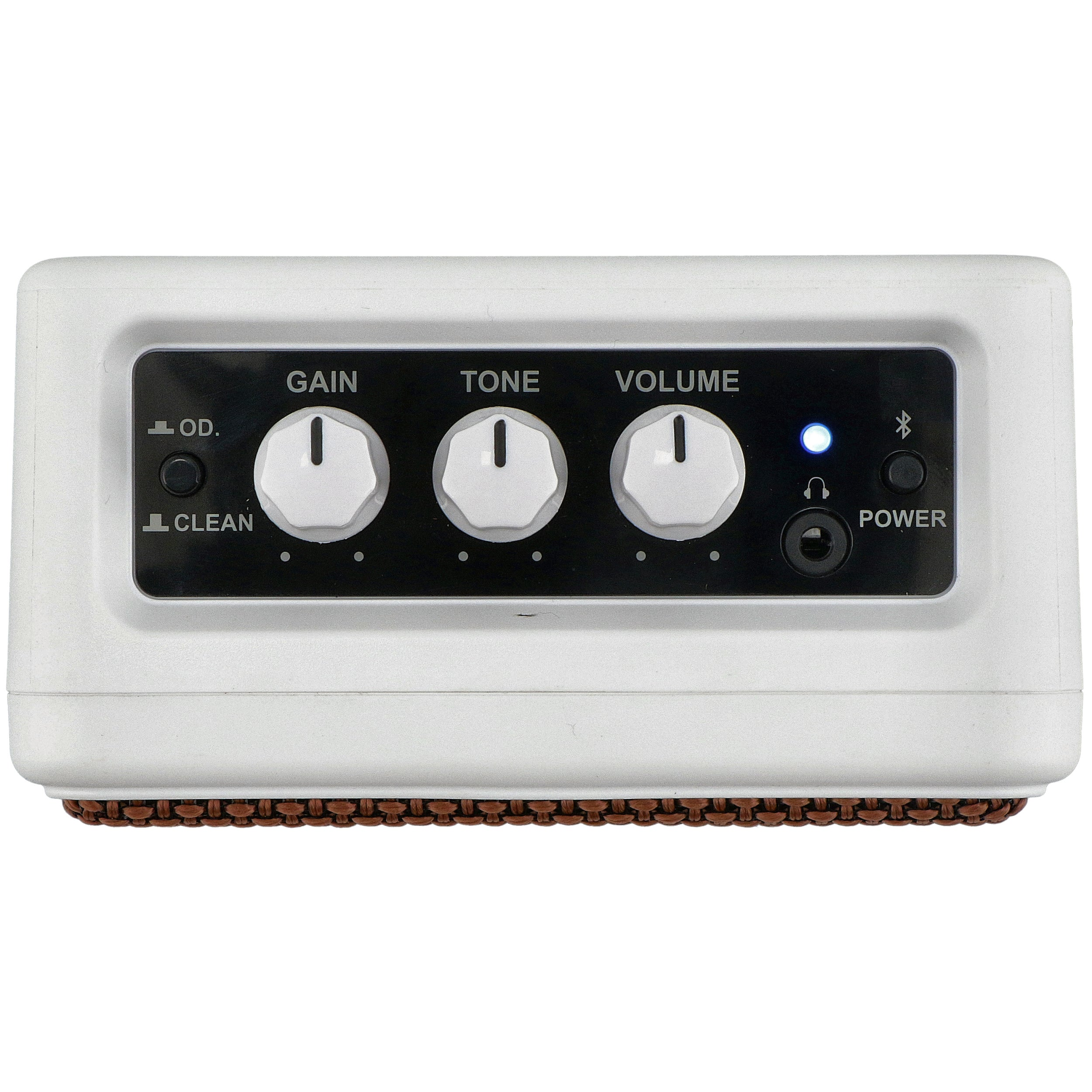 Een witte gitaarversterker met drie knoppen: Gain, Tone, Volume.