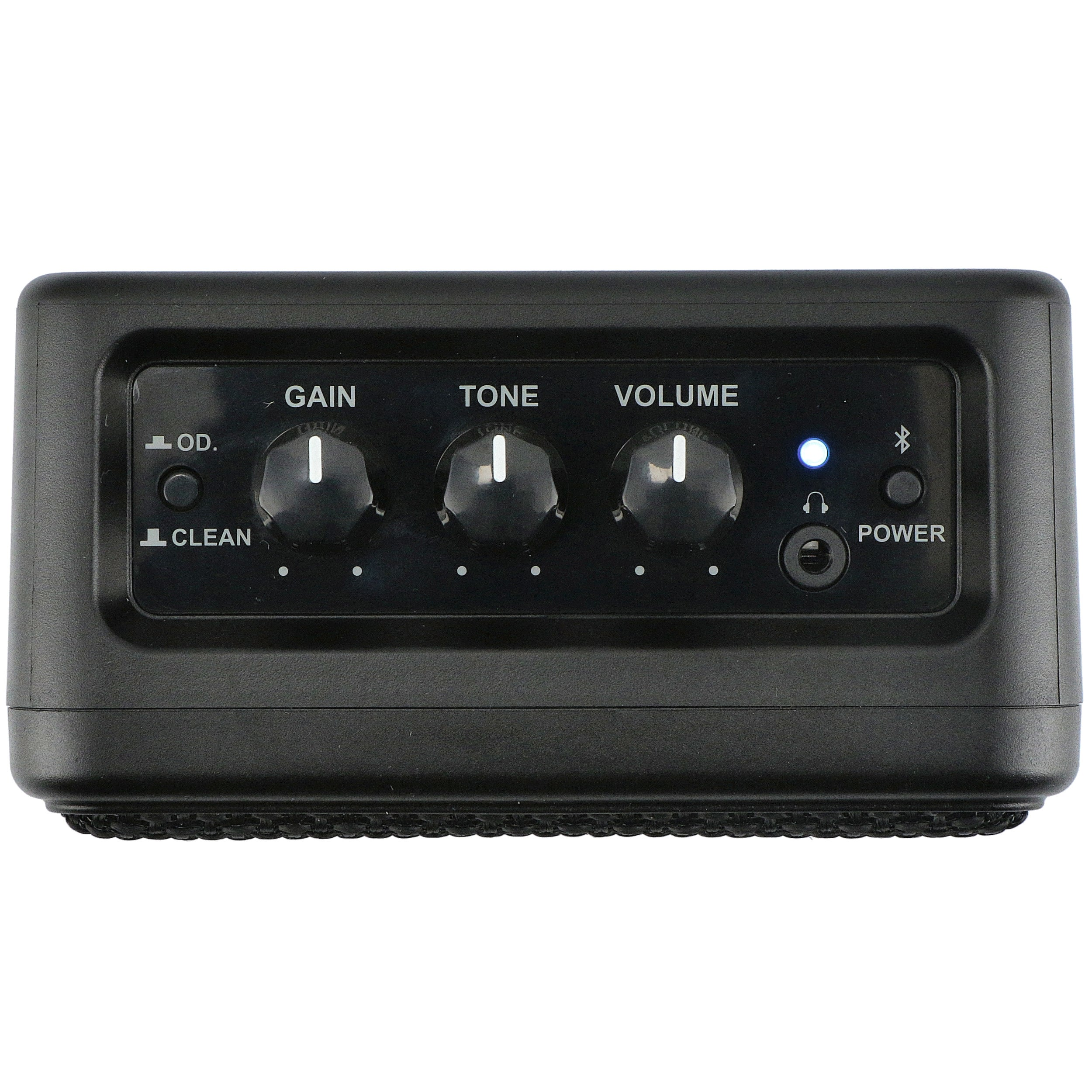 Zwarte gitaarversterker met gain, tone, volume knoppen, koptelefoonaansluiting en aan/uit.