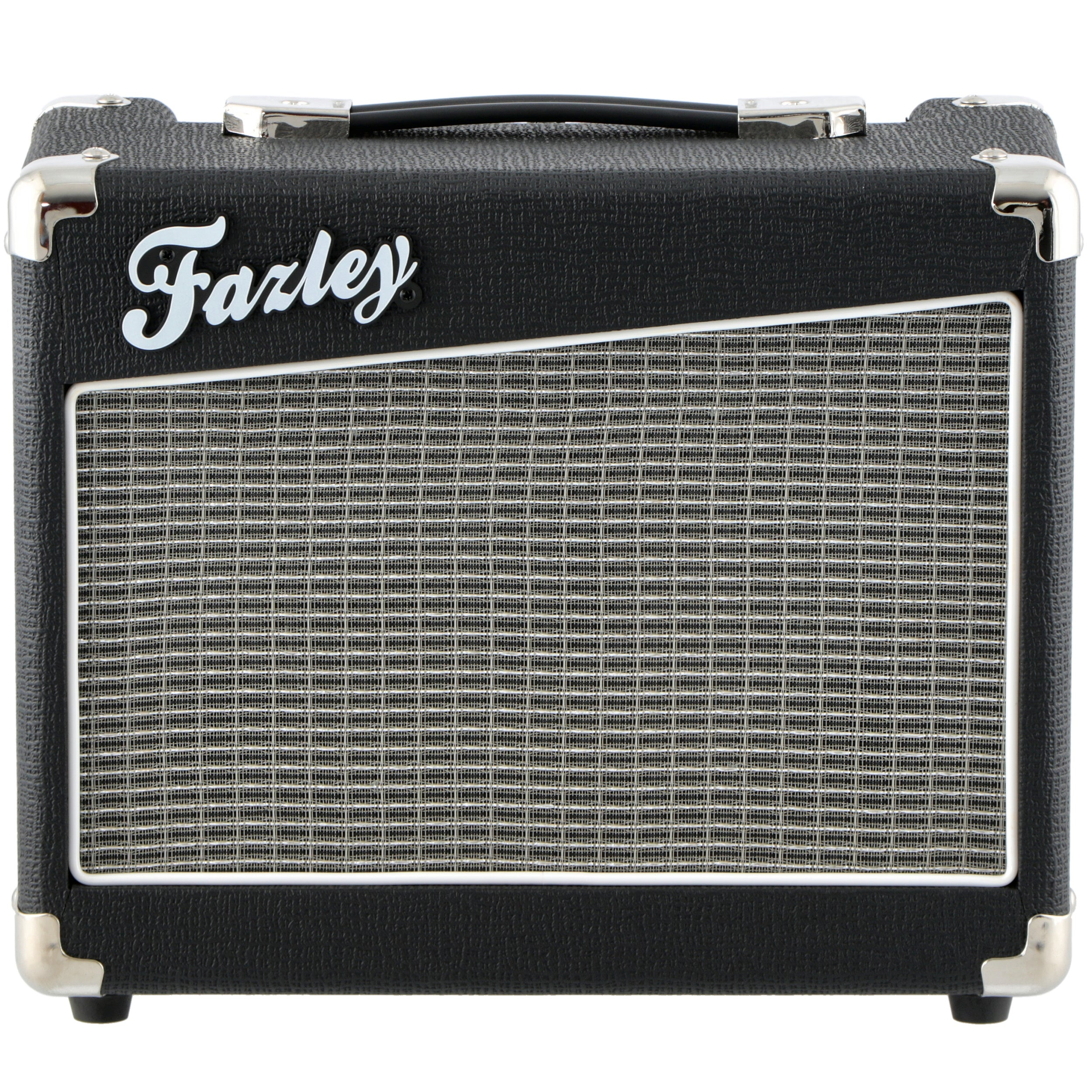 Een zwarte gitaarversterker met zilveren speakergrill en Fazley logo.