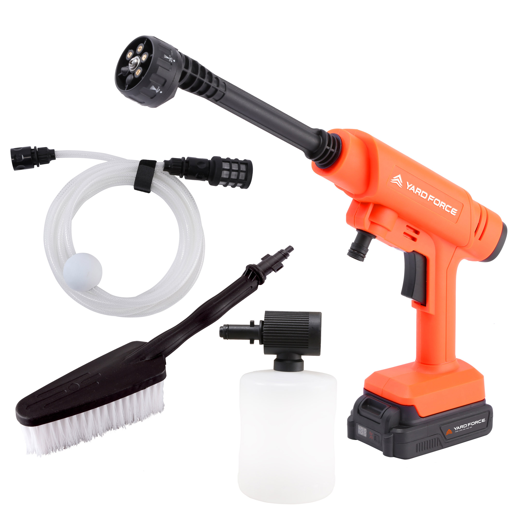 Ein oranges Hochdruckreiniger-Set mit Schlauch, Bürste und Schaumkanone.