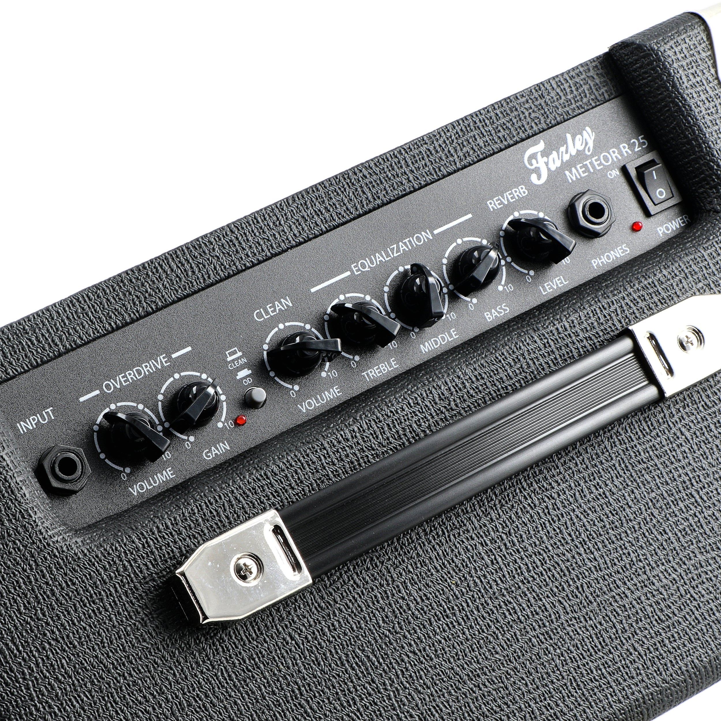 Close-up van een zwarte gitaarversterker met bedieningselementen voor volume, gain, bas, midden, treble en reverb.