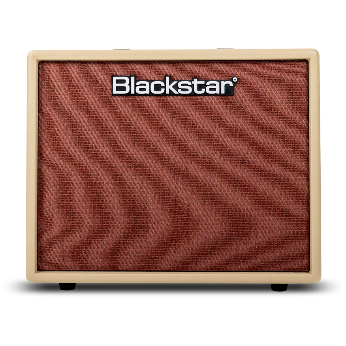 Blackstar logo op bruin speakerdoek met beige frame.