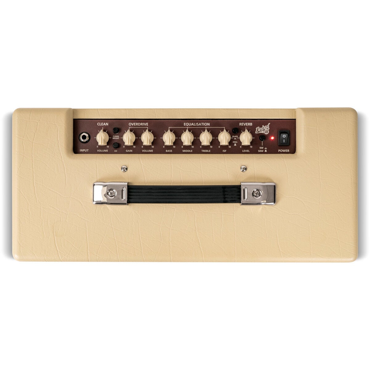 Een beige gitaarversterker met zilveren knoppen en een zwart handvat.